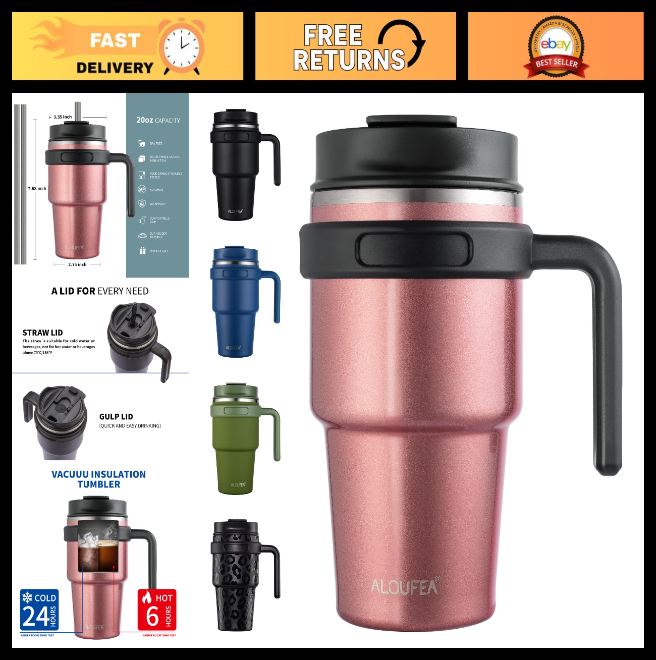 Insulated 20 oz Coffee Mug Tumbler with Handle, Stainless Steel Travel Cup, Leak0