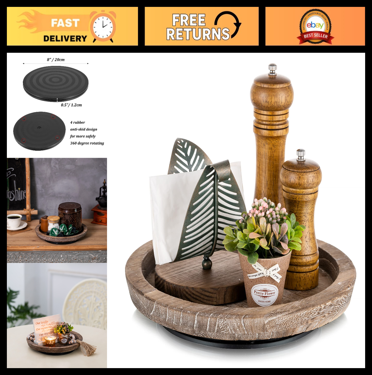 Rustic Wooden Turntable Serving Tray - Vintage Centerpiece for Kitchen & Coffee0