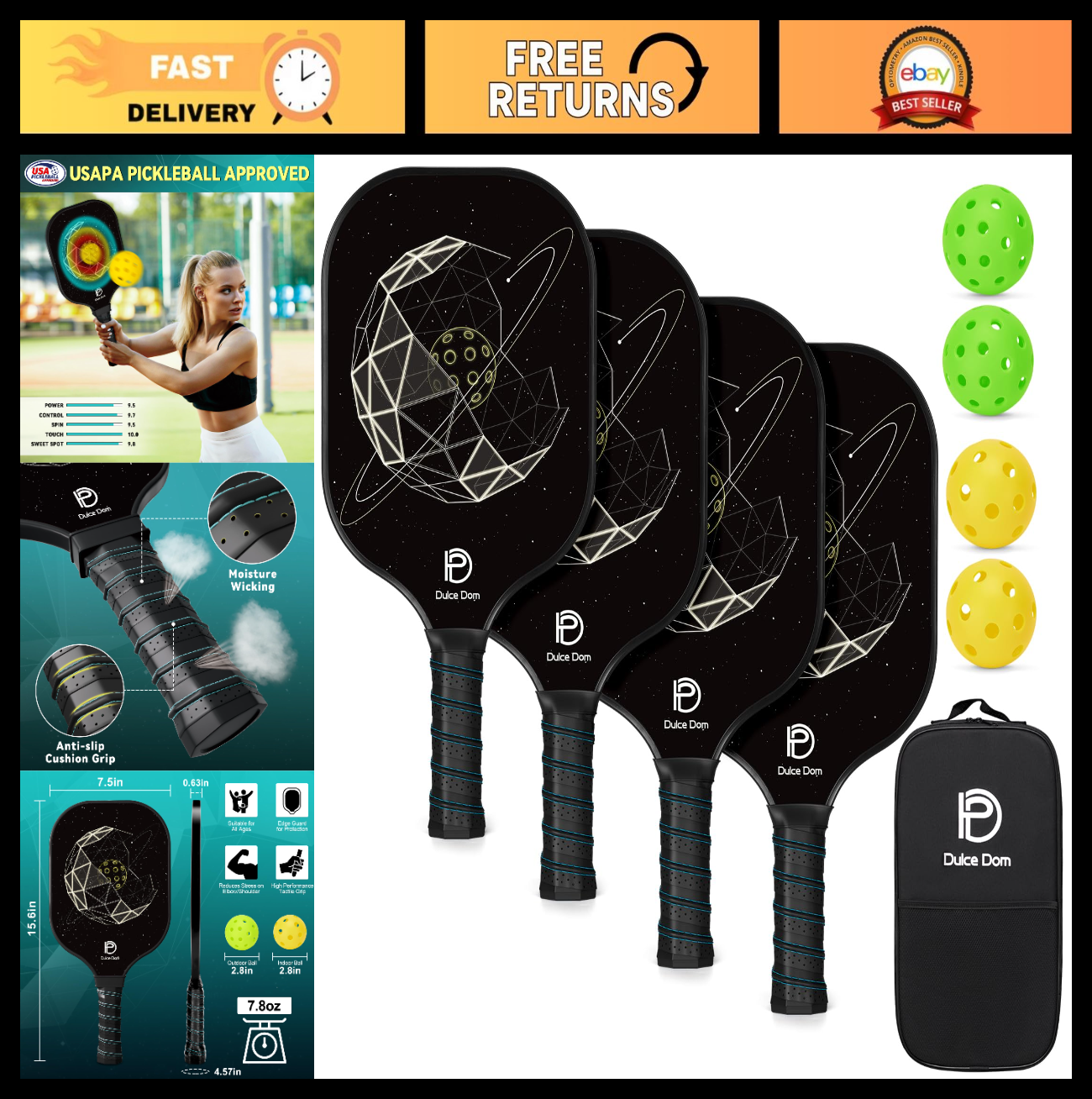 Pickleball Paddles Set of 2/4 - USAPA Approved, Fiberglass/Graphite Rackets, Car0