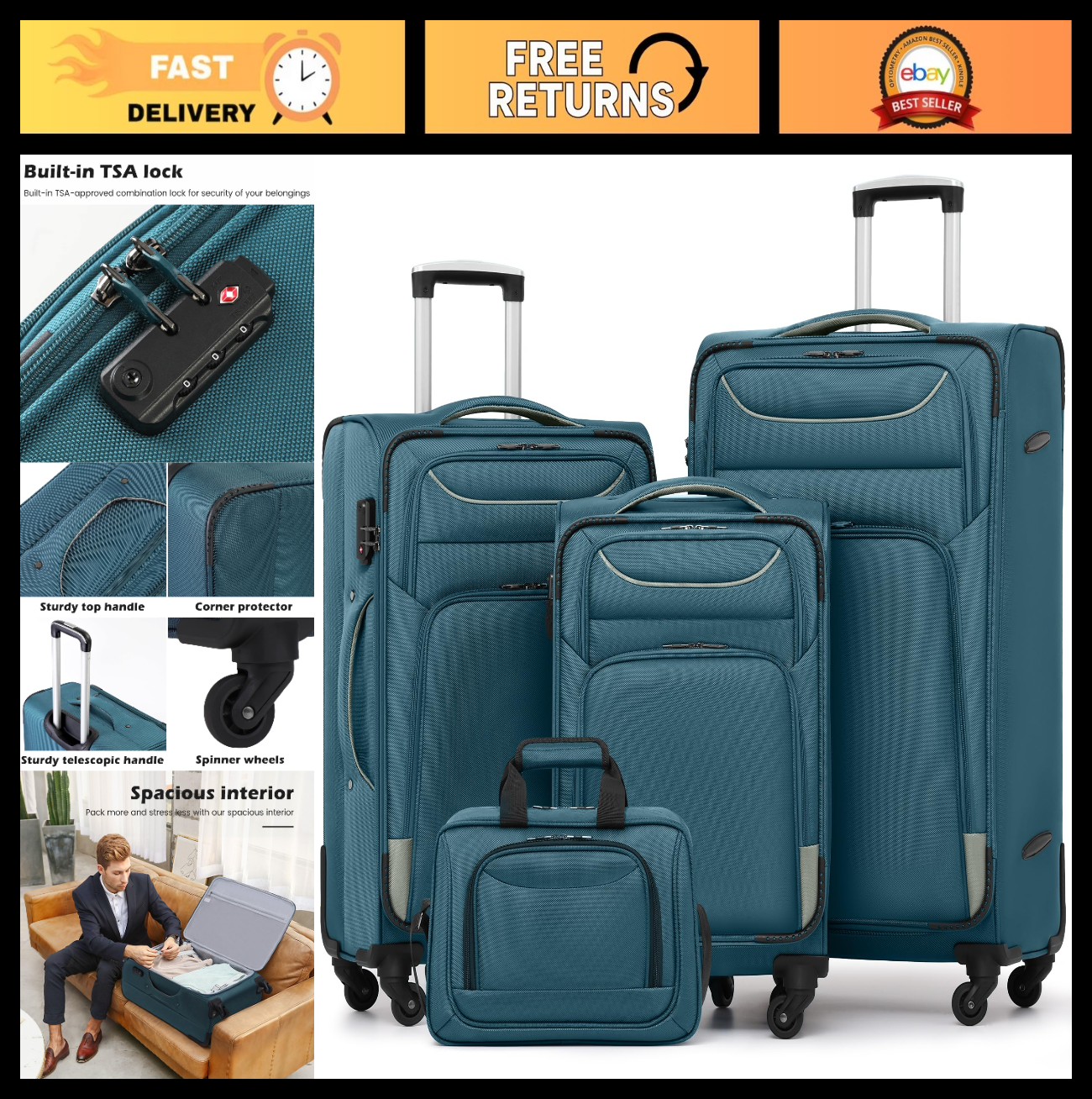 4-Piece Softshell Luggage Set with TSA Lock, Spinner Wheels, Carry-On Tote, Dura0