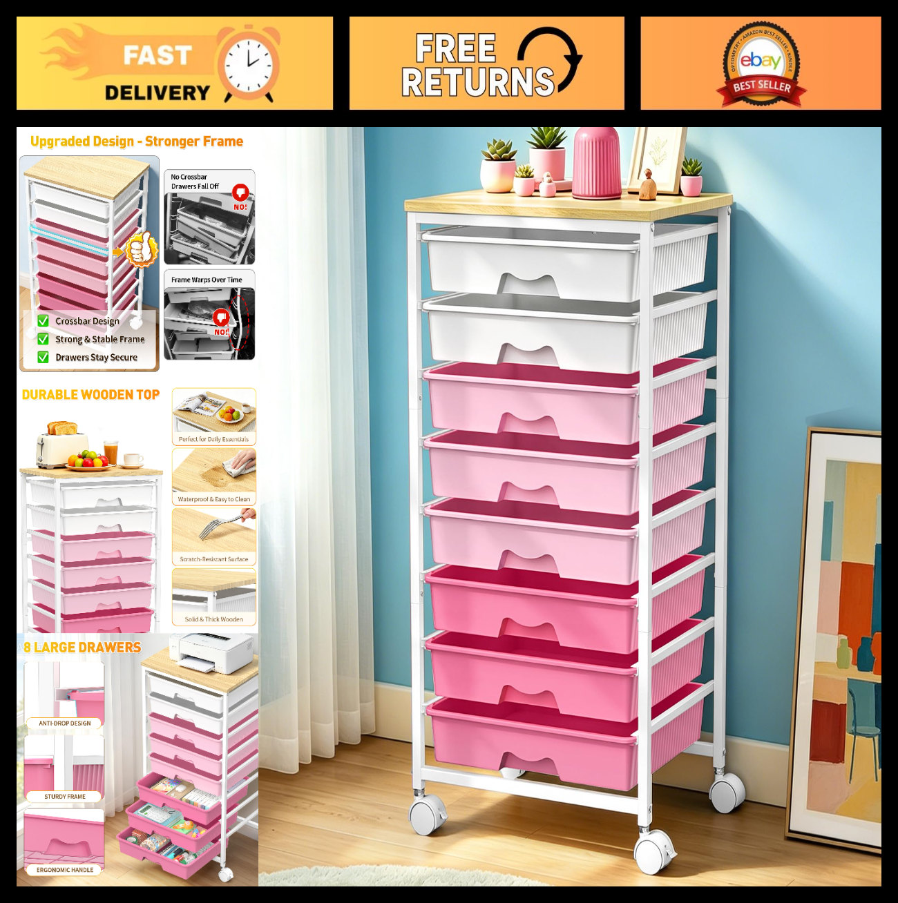 8 Drawer Rolling Storage Cart with Wooden Top & Lockable Wheels   Craft & Office0