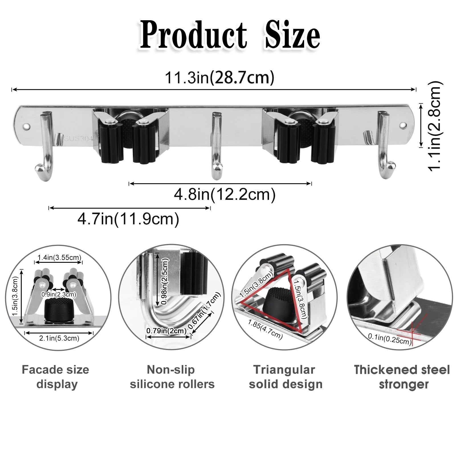 Heavy Duty Wall Mount Broom Holder - 2 Racks & 3 Hooks Mop Organizer Storage2