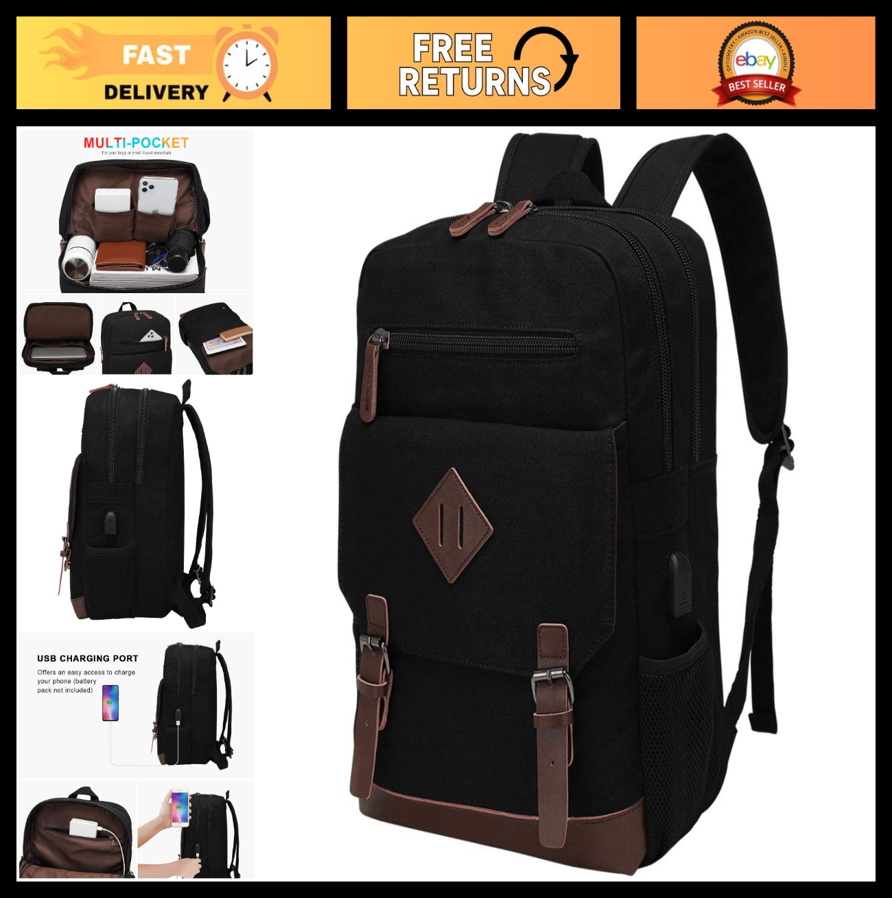 Vintage Canvas Backpack with USB Charging, Fits 15.6" Laptop, Travel Bag0