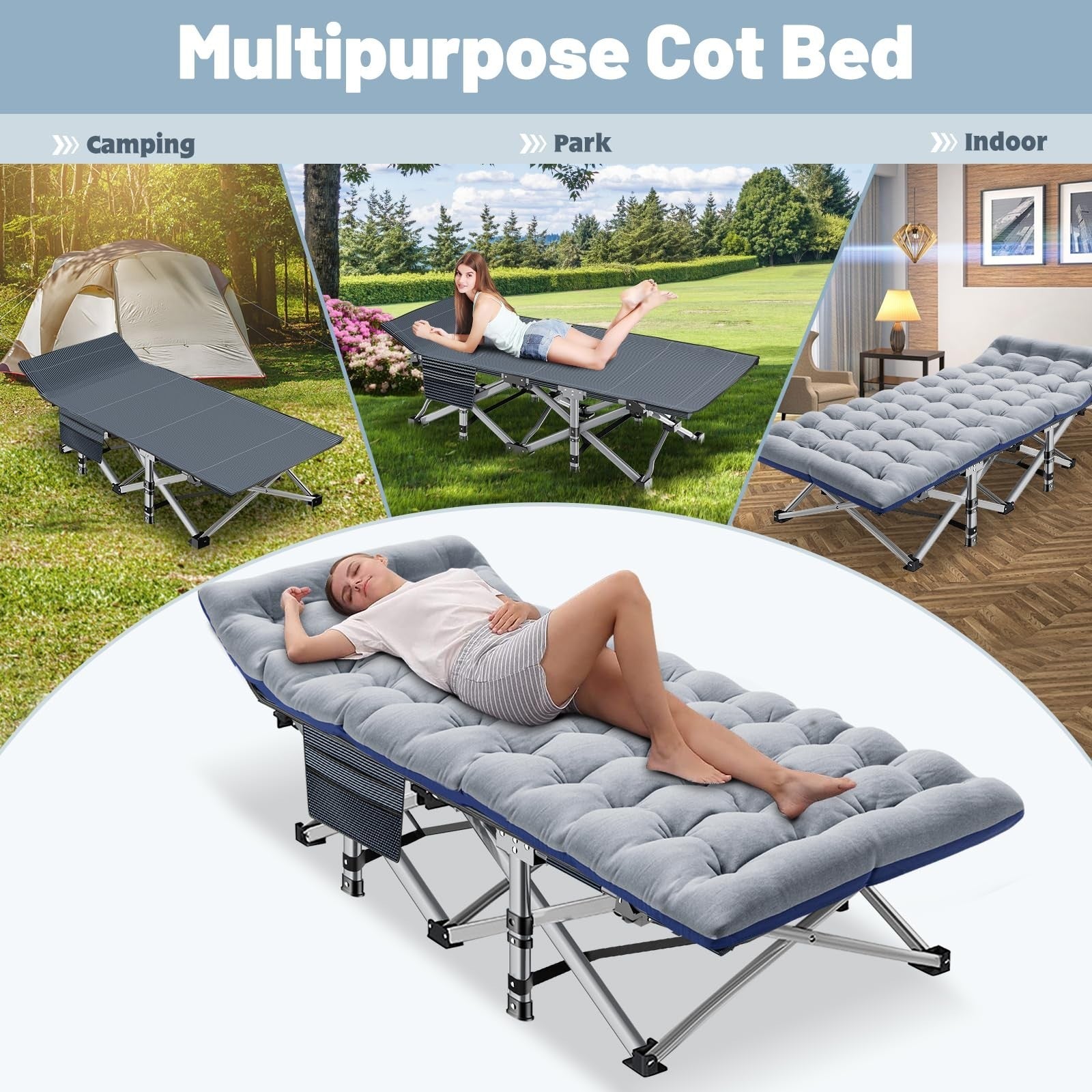 Folding Camping Cot for Adults, 28" Wide Padded Bed, 880 lbs Capacity, Carry Bag3