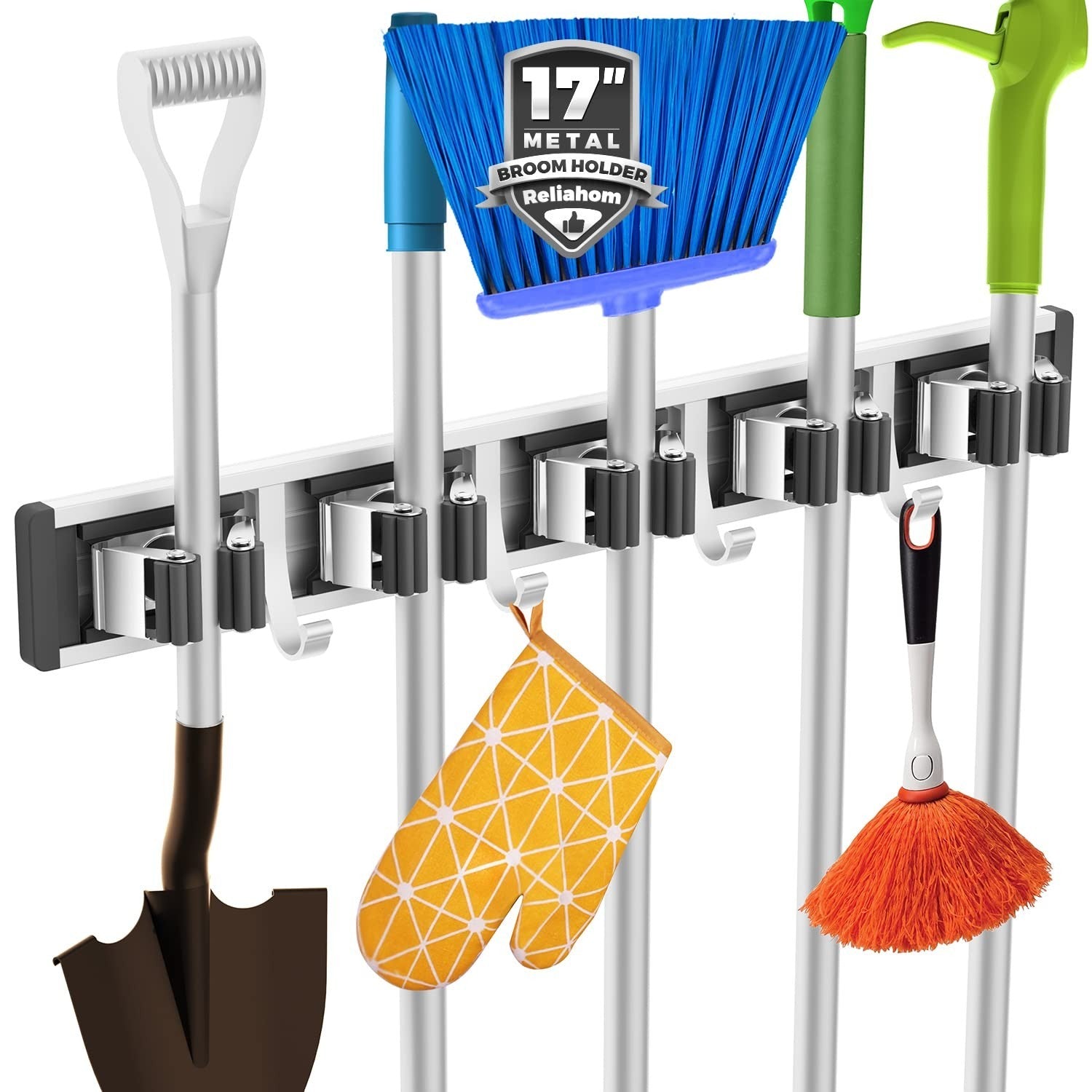 Wall Mount Broom Holder & Mop Hanger Organizer - 5 Racks & 4 Hooks Storage Solut1