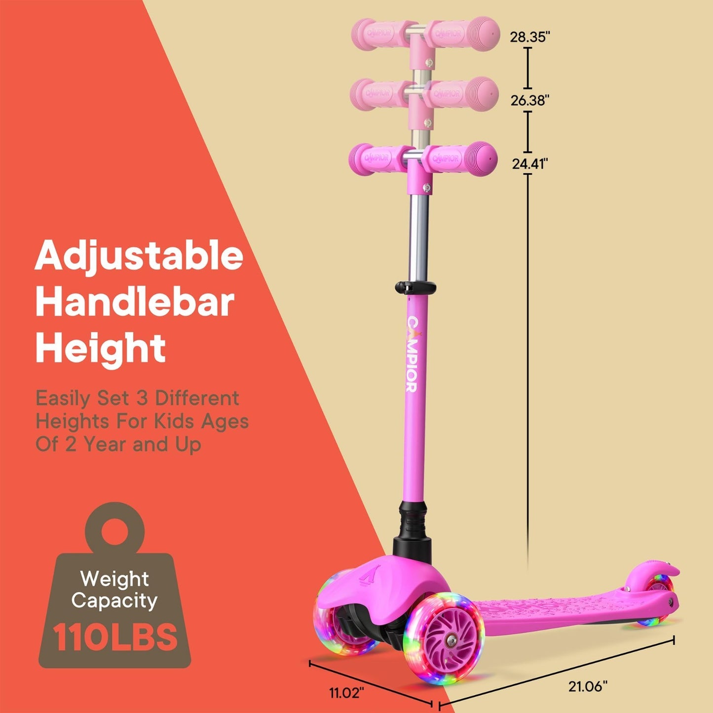 Pink Mini 3-Wheel Kids Scooter - Lean-to-Steer, LED Light Wheels, Adjustable Han6