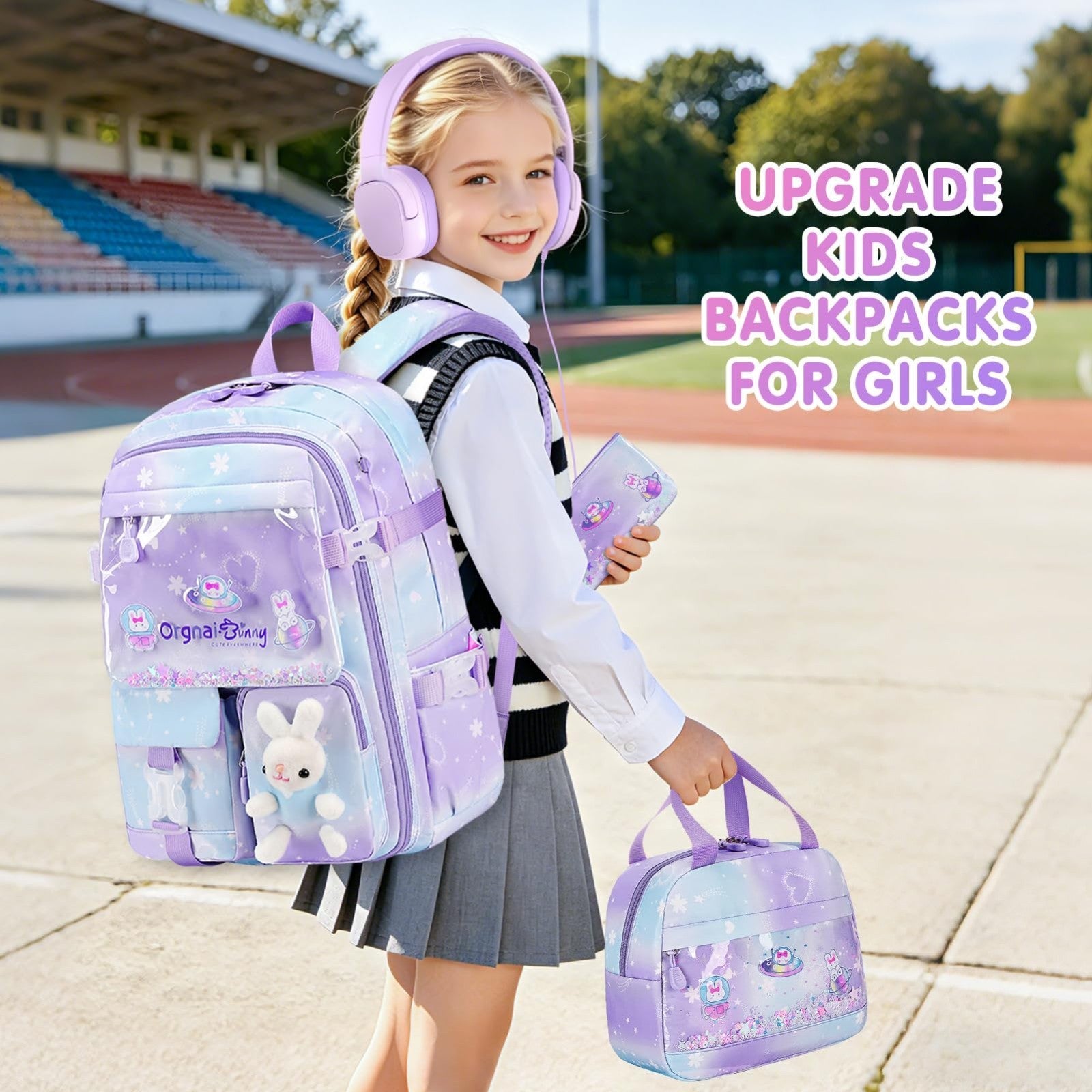 Kawaii Bunny Girls Backpack Set 4PCs   School Bag with Lunch Box & Headphones4