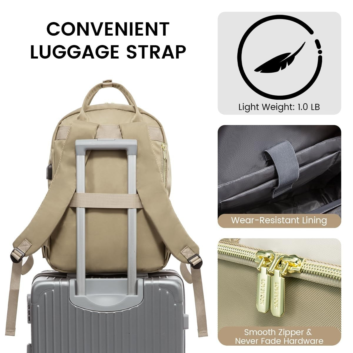 Large Capacity 15.6" Laptop Backpack for Women, Waterproof Travel Day Pack, Khak8