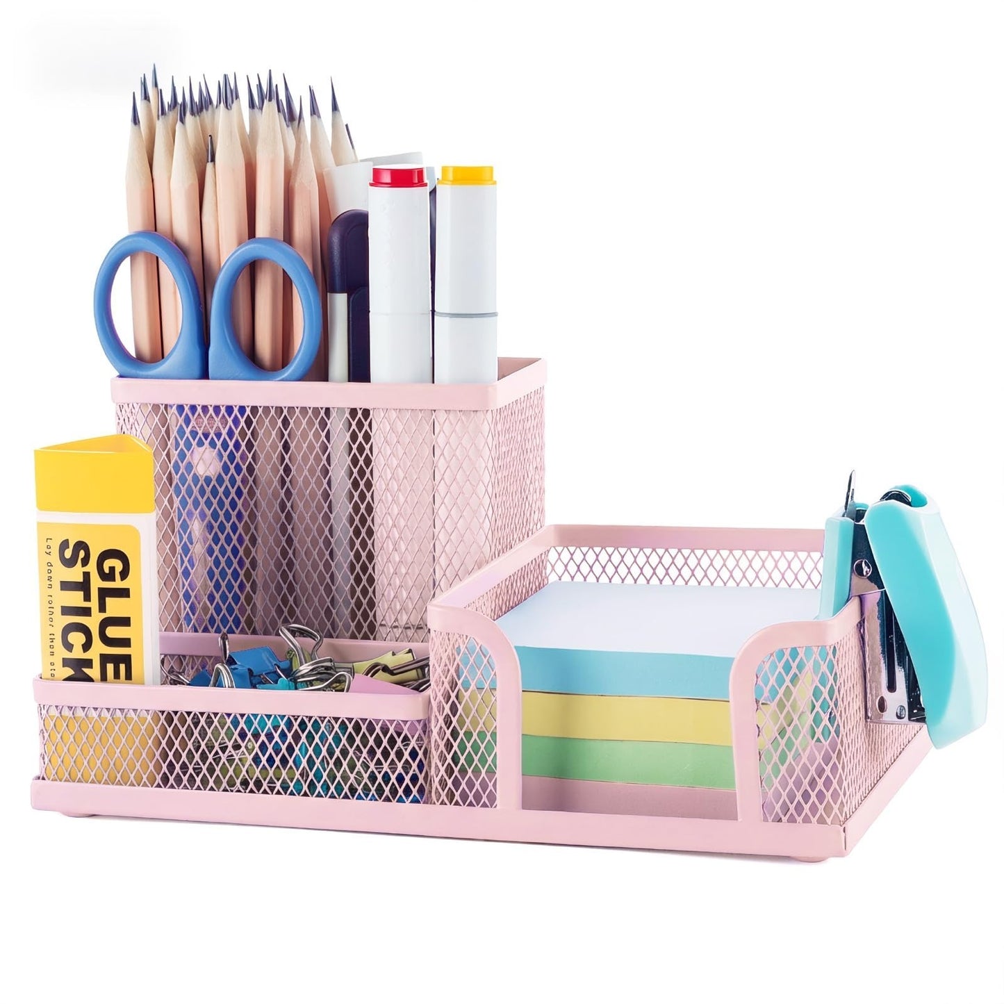 Pink Mesh Pen Holder   3 Compartment Desk Organizer with Sticky Notes Holder, Me1