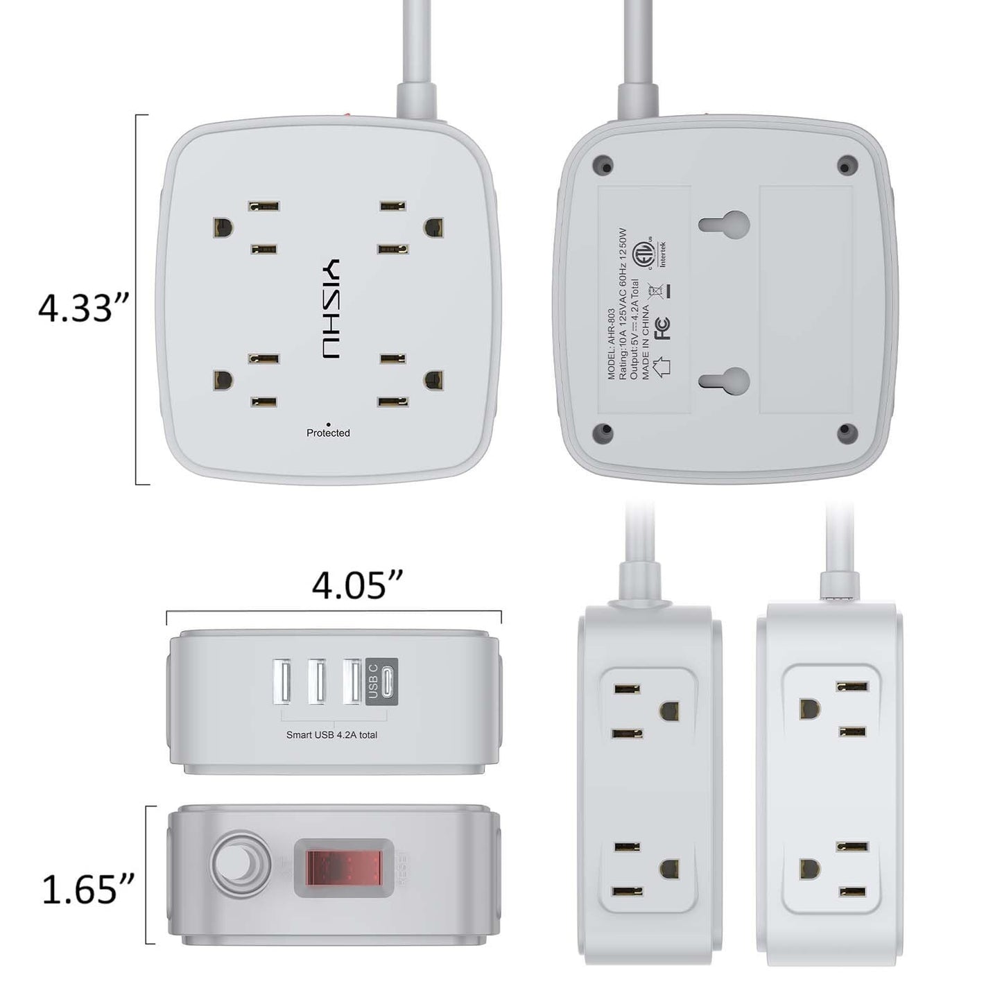 10Ft Surge Protector Power Strip   8 Outlets, 4 USB Ports, Flat Plug, Wall Mount6
