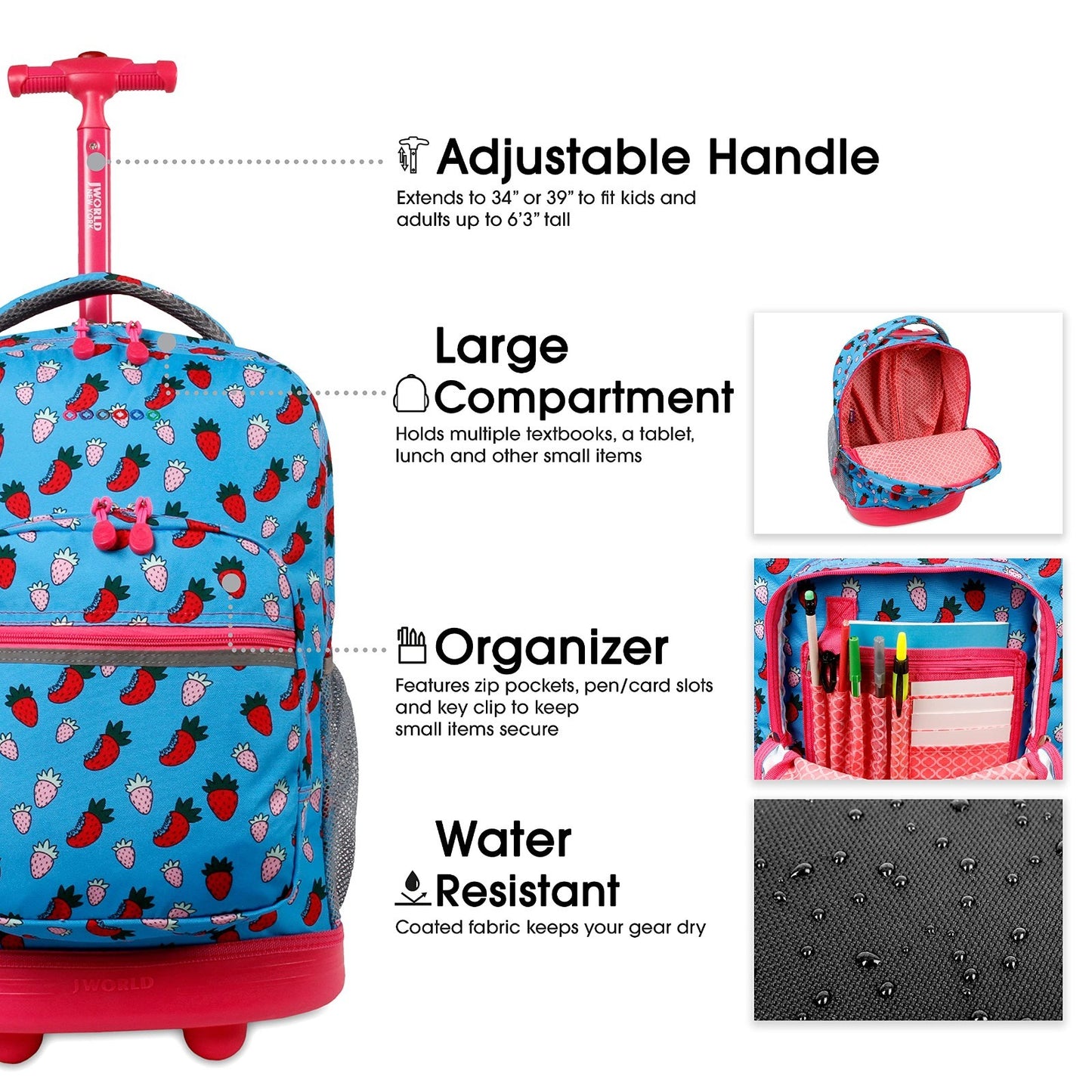 Kids Rolling Backpack with Wheels, 18" Bookbag for School, Strawberry Design, Un3