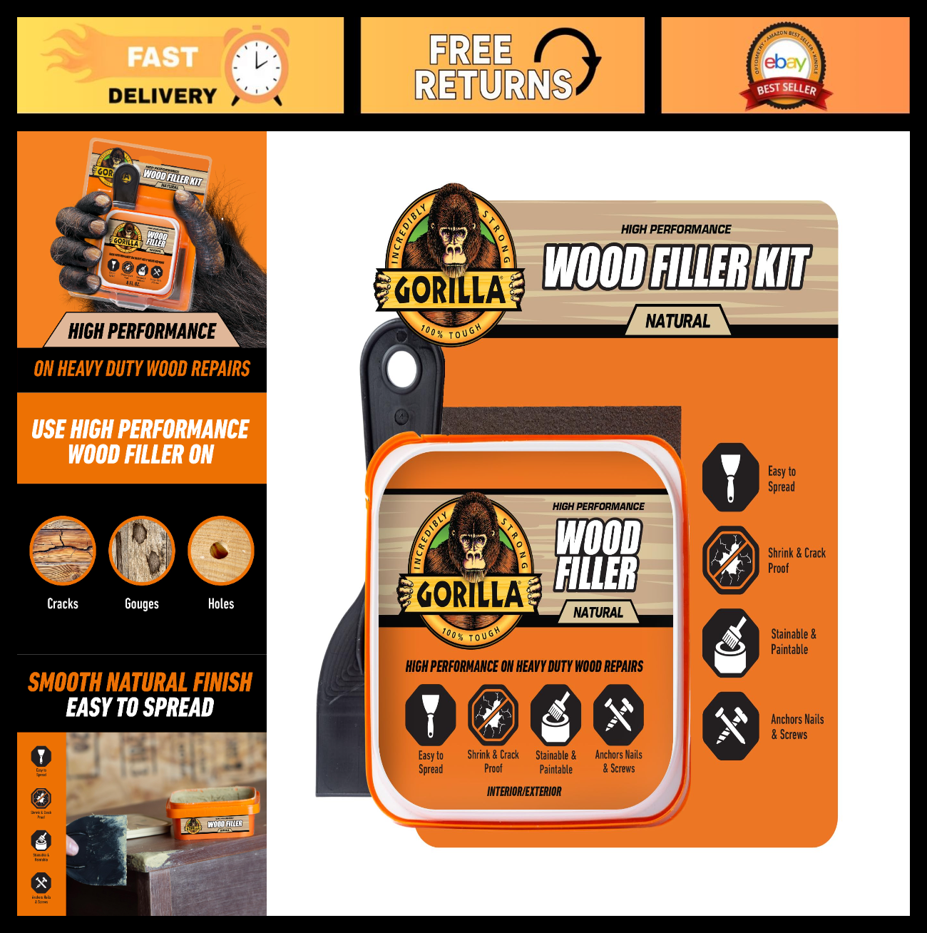 All Purpose Wood Filler Repair Kit with Putty Knife & Sanding Block   Easy Fix!0