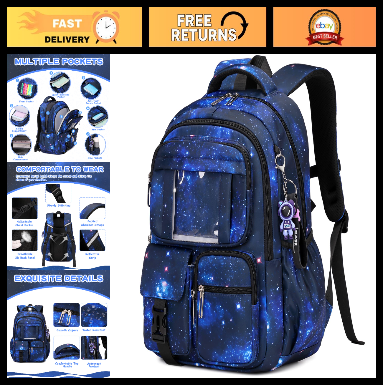 Kawaii Galaxy Astronaut Kids Backpack - School Bag for Boys & Girls, Book Bag fo0