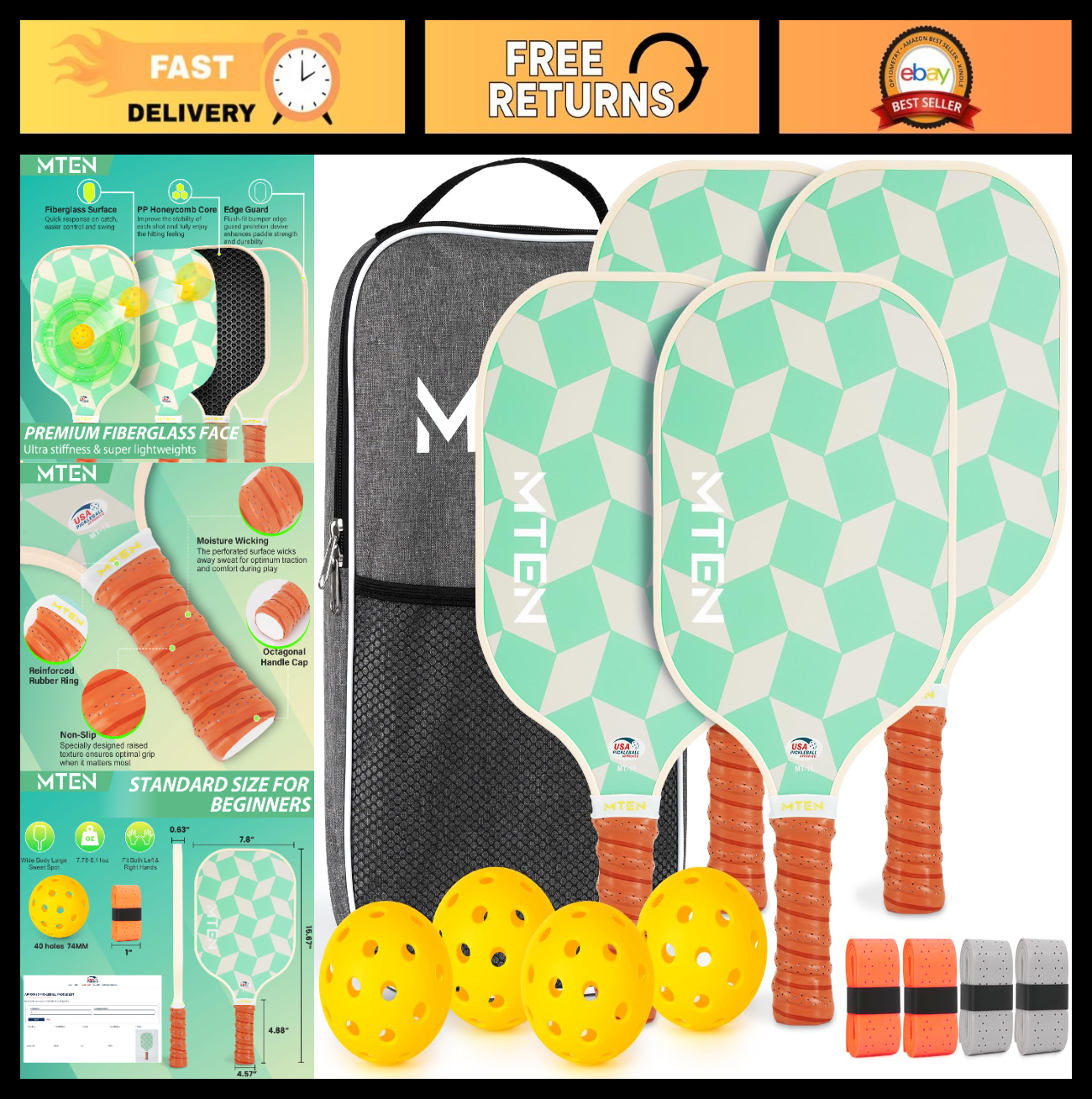 Pickleball Paddle Set of 2/4/1 - USAPA Approved Fiberglass Rackets, Lightweight0
