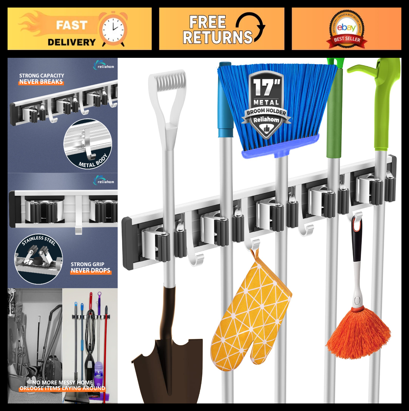 Wall Mount Broom Holder & Mop Hanger Organizer - 5 Racks & 4 Hooks Storage Solut0