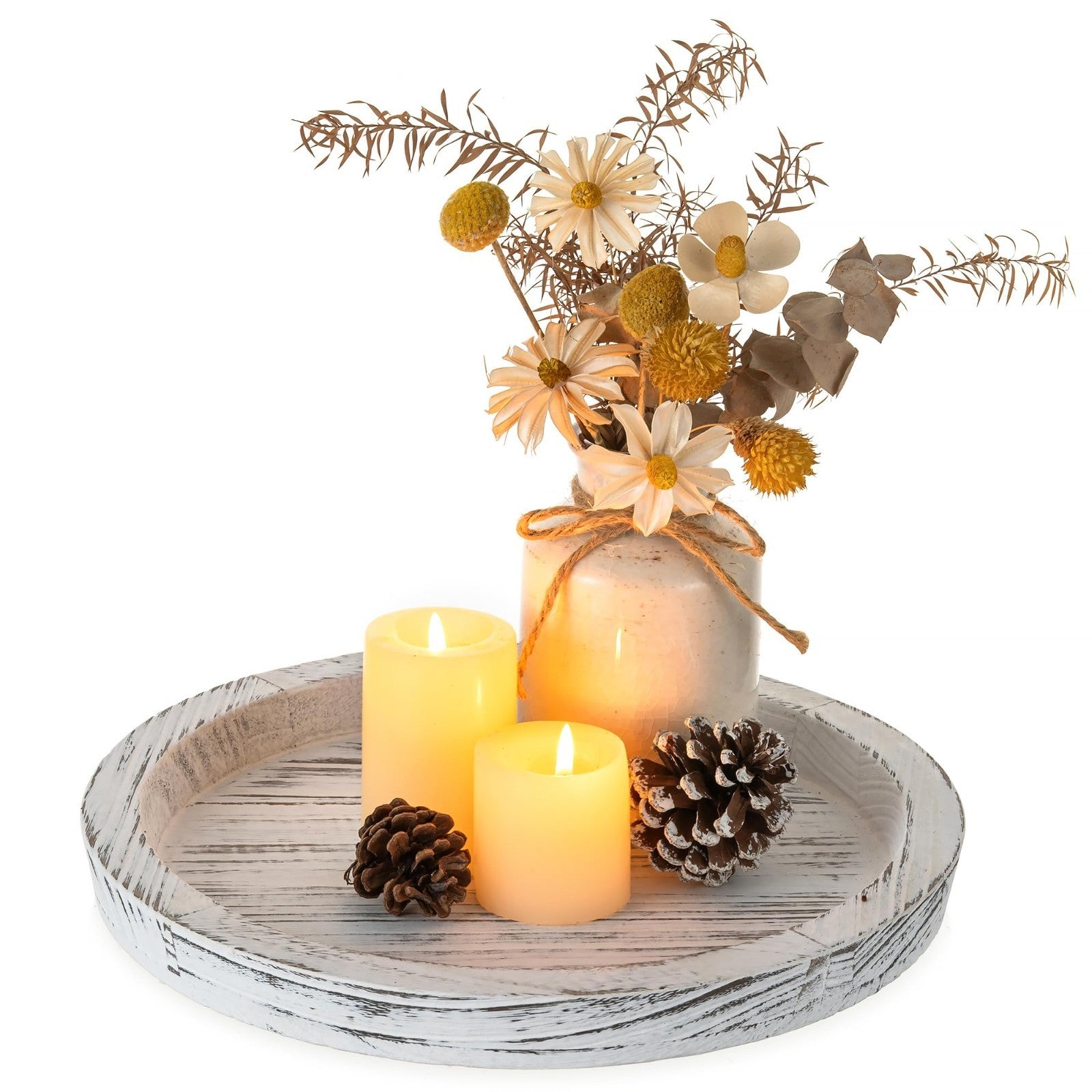 Rustic Wooden Coffee Table Tray - Round Decorative Serving Plate with Candle Hol1