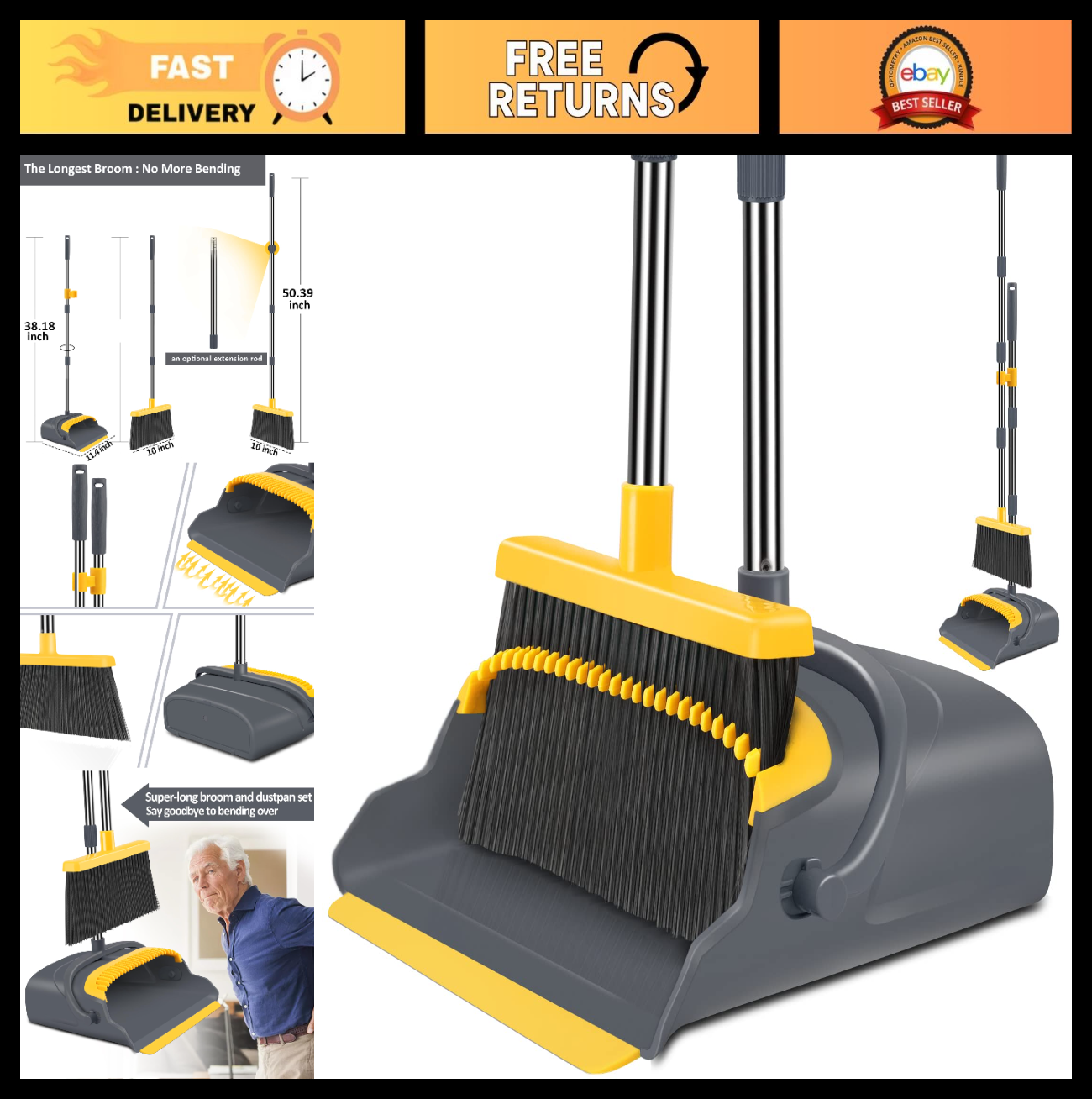 Self-Cleaning Broom and Dustpan Set - Stand Up Combo for Indoor & Outdoor Use0