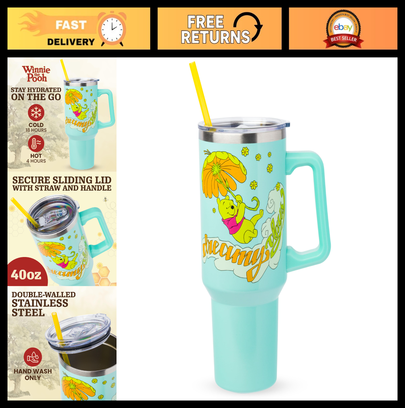 40oz Double Walled Stainless Steel Tumbler with Handle & Straw   Disney Pooh Art0
