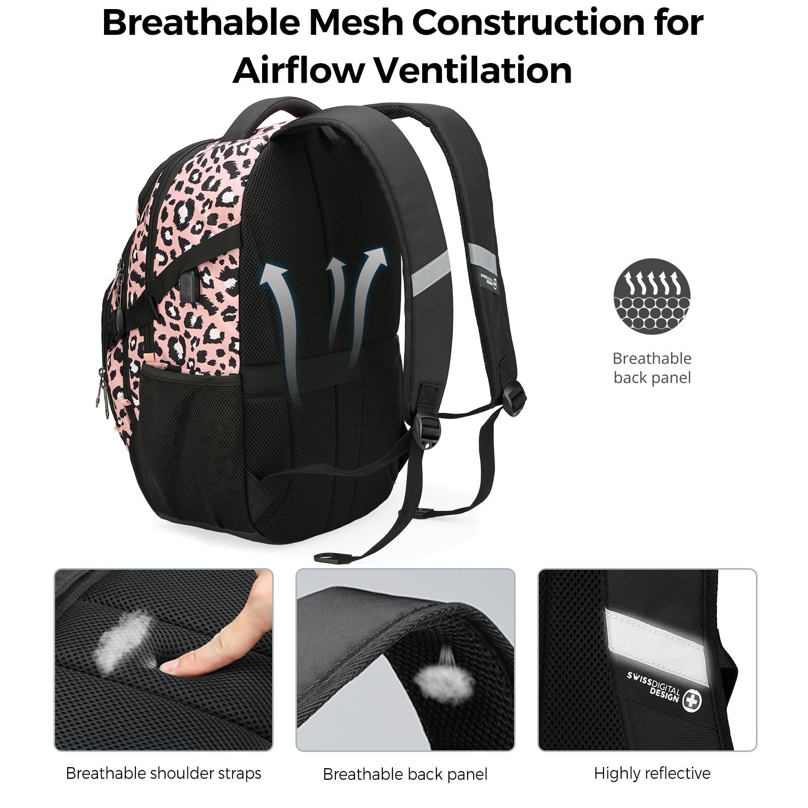 Stylish Pink Leopard Laptop Backpack with USB Charging Port, Fits 15.6" Laptops,4