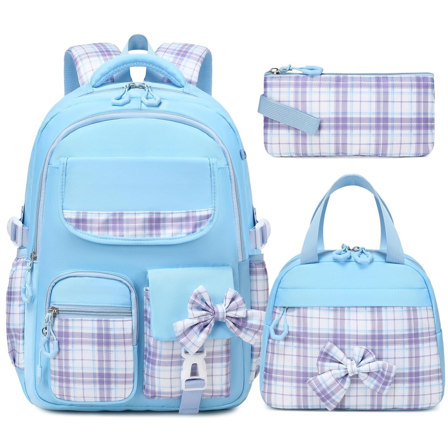 Stylish 3PCS Girls School Backpack Set, 17" Bow Plaid Bookbag for Kids1