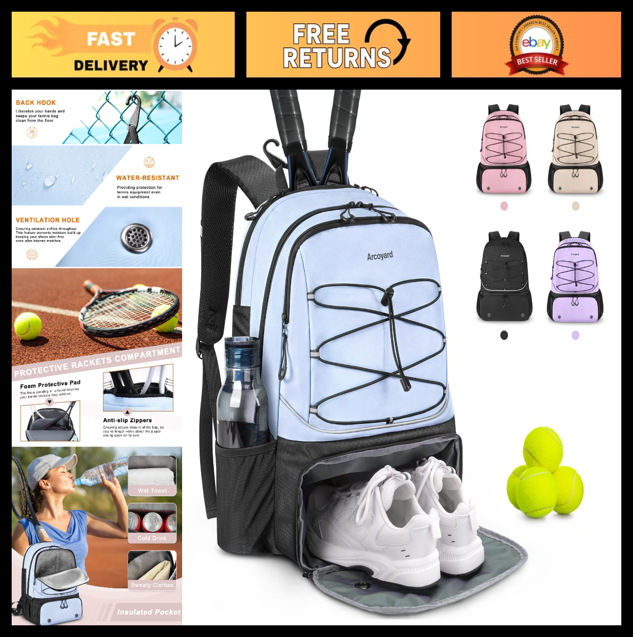 Tennis Bag for 2 Rackets, Women's Professional Backpack with Ventilated Shoe Com0