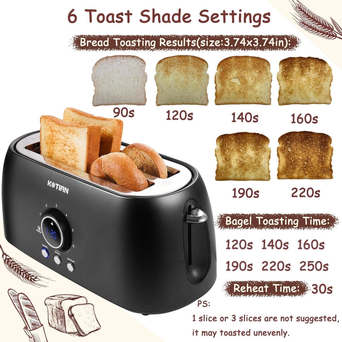 4 Slice Retro Stainless Steel Toaster with Countdown Timer, Extra Wide Slots, Ba4