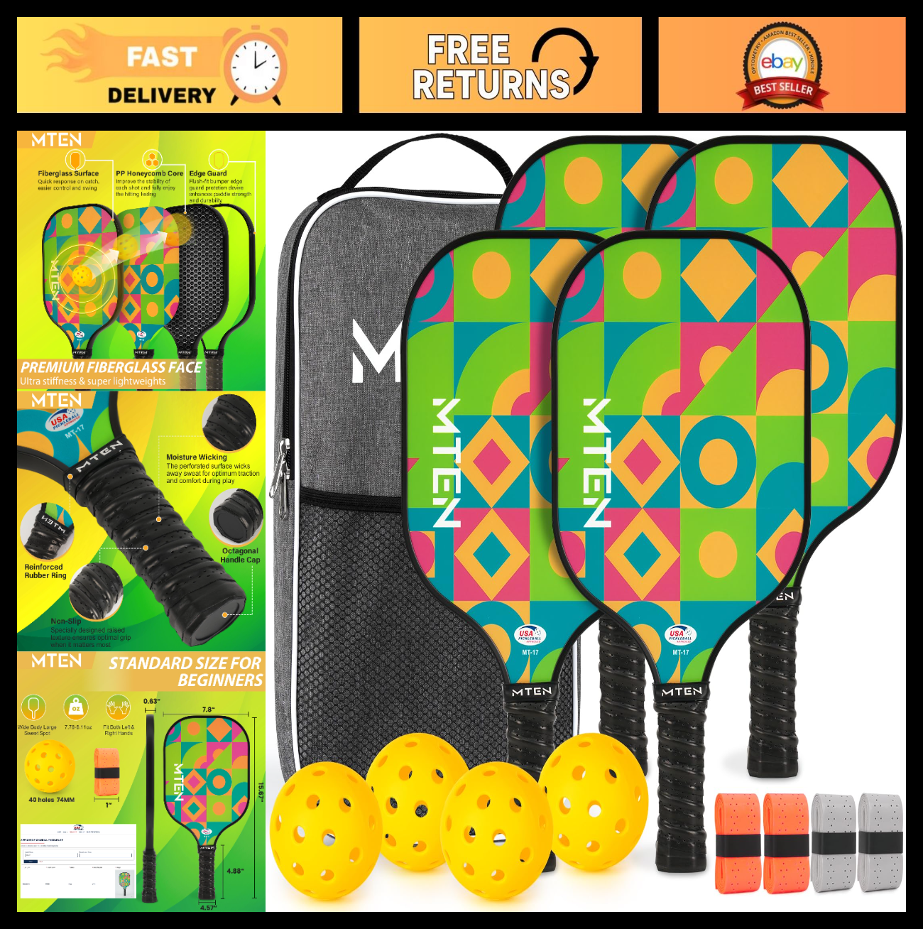 Pickleball Paddle Set of 2/4/1 - USAPA Approved Fiberglass Rackets, Lightweight0