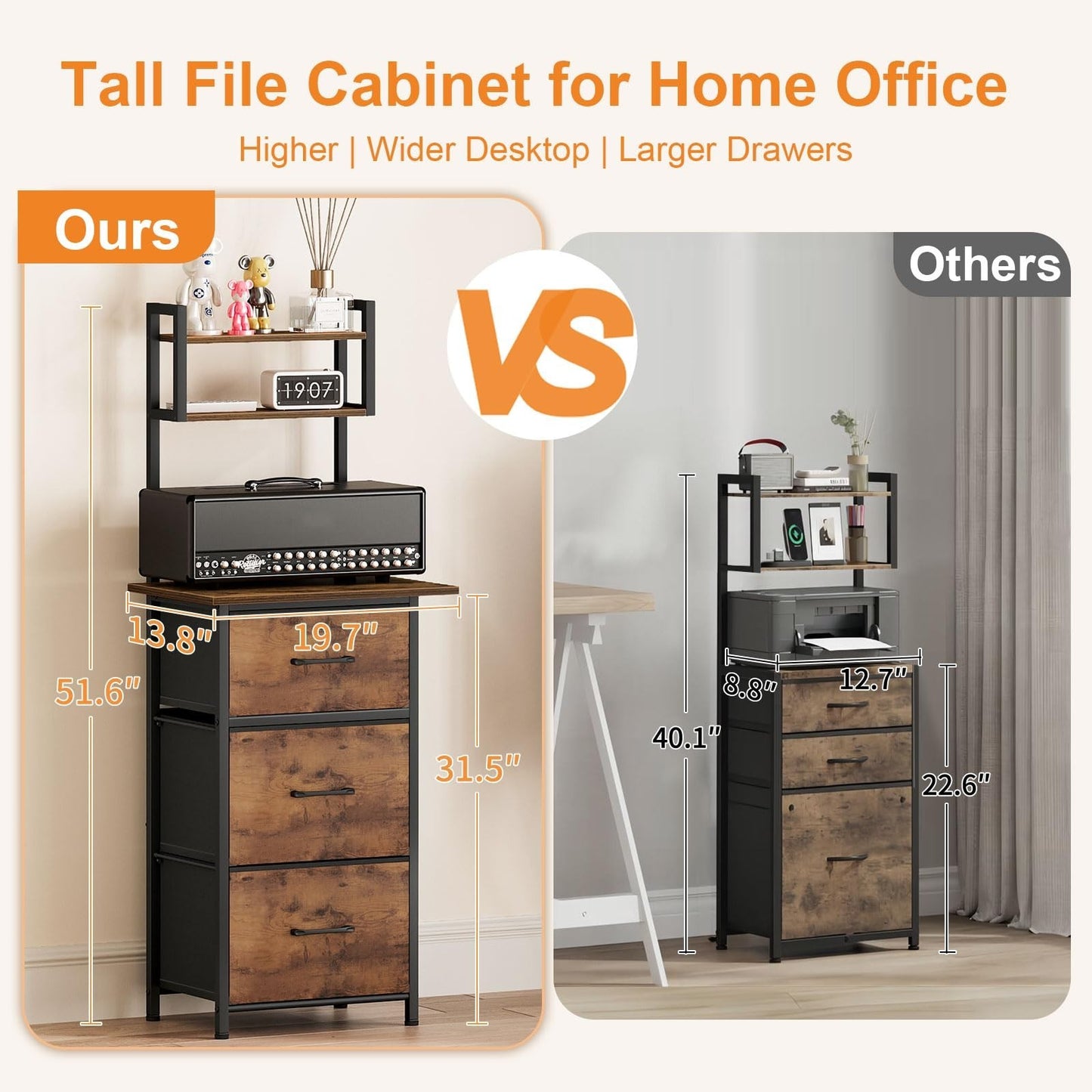 3 Drawer Tall File Cabinet with Extended Desktop, Vertical Filing Storage, Rusti5