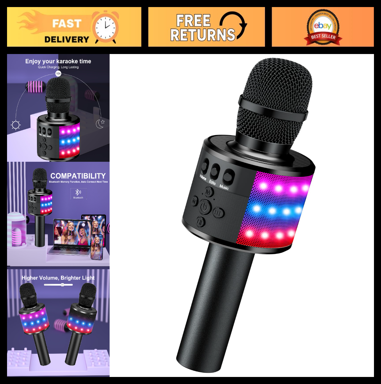 Wireless Karaoke Microphone for Kids & Adults   Bluetooth Mic with Disco Lights,0