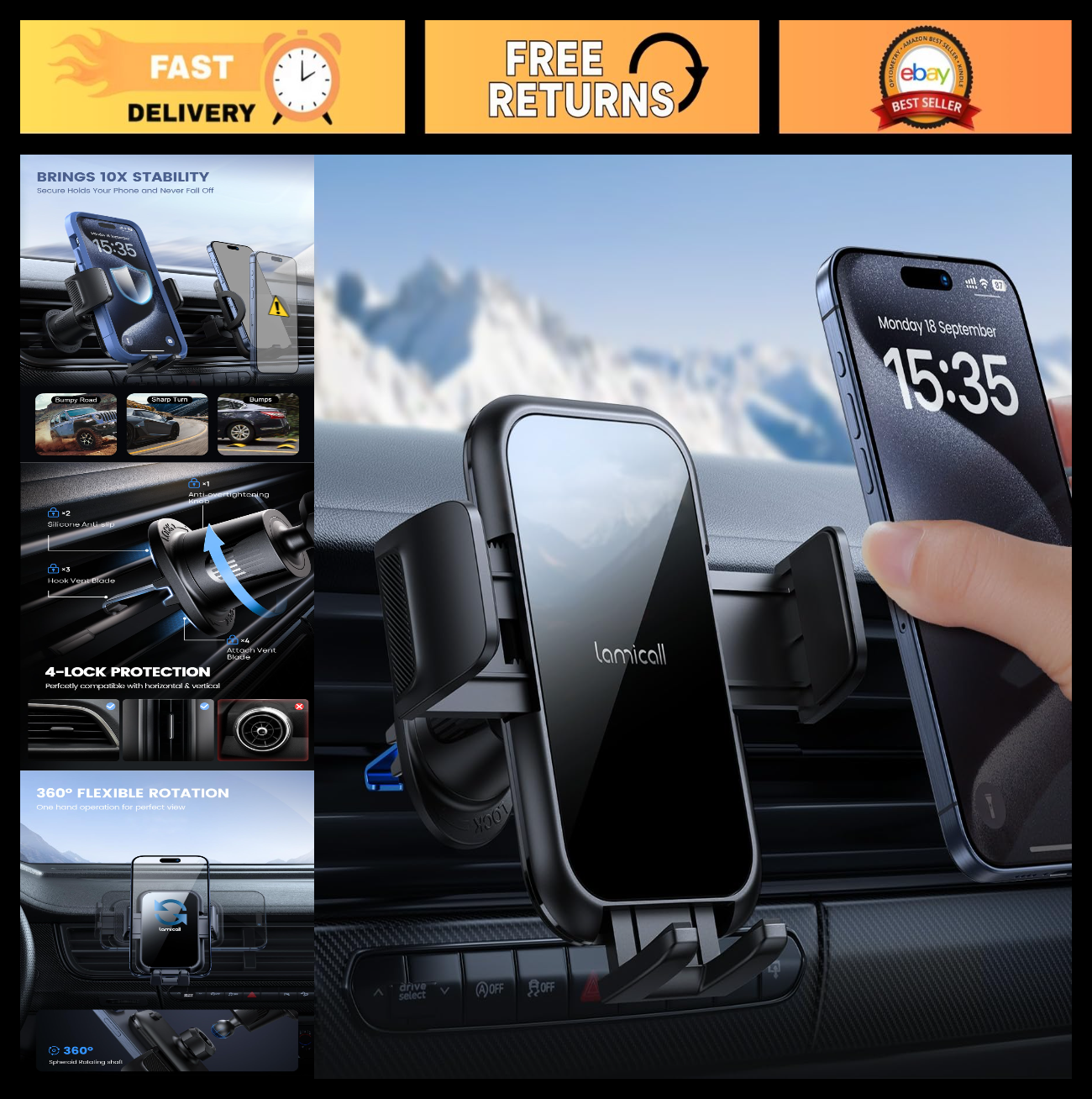 Wider Clamp Car Phone Holder for Air Vent   Metal Hook, Thick Case Friendly, Han0