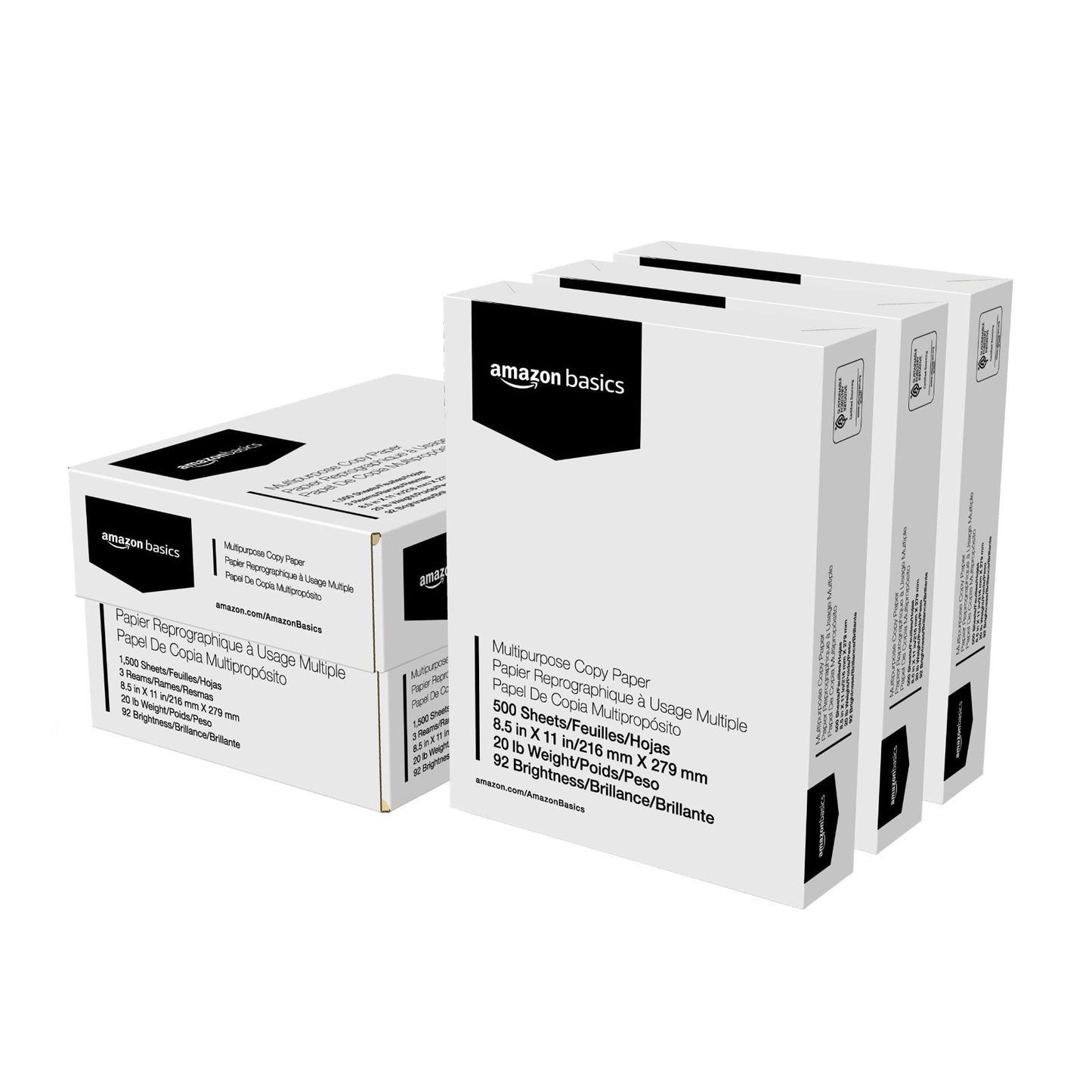 Multipurpose Copy Printer Paper, 20 lb, 8.5x11", 1500 Sheets, Bright White, 3 Re1