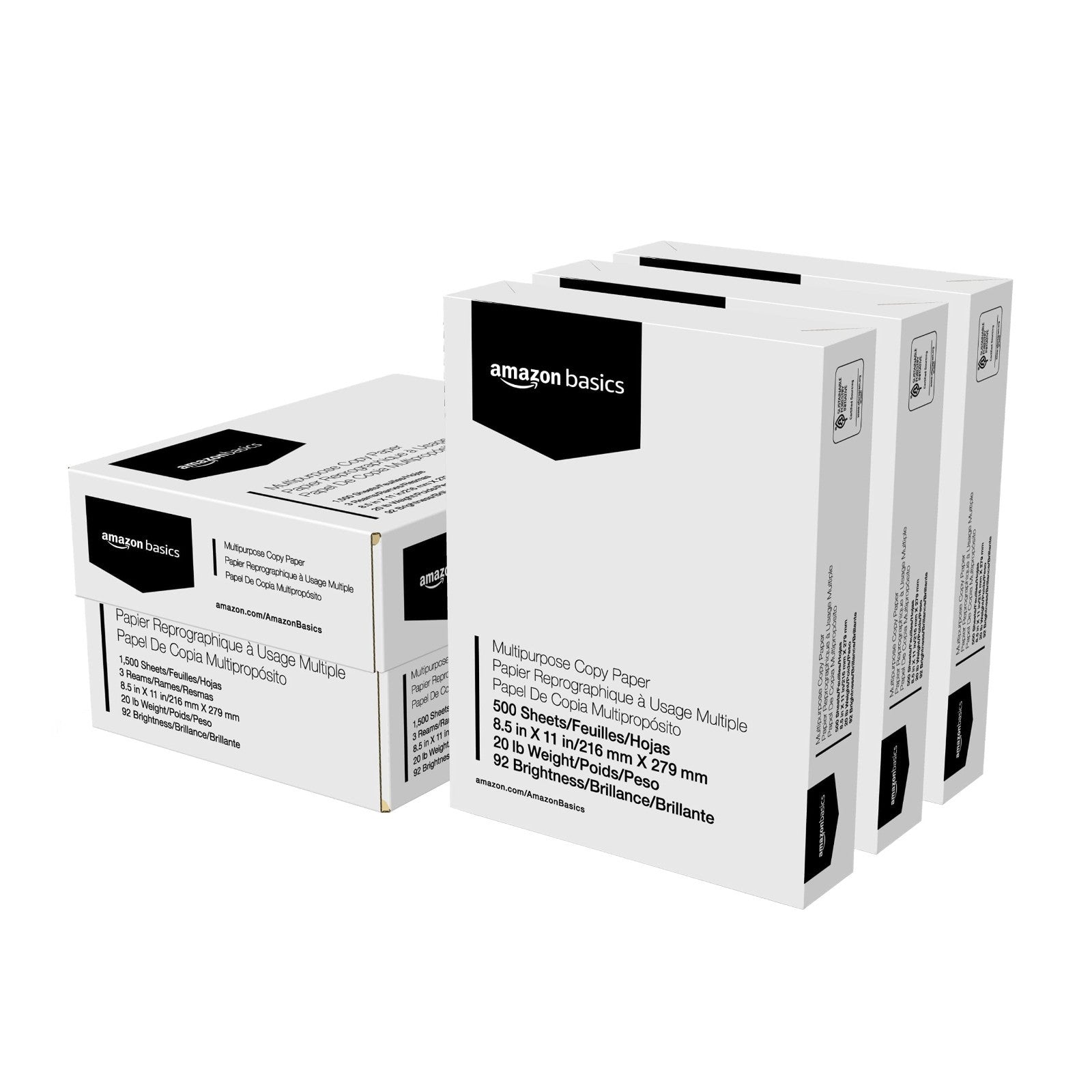 Multipurpose Copy Printer Paper, 20 lb, 8.5x11", 1500 Sheets, Bright White, 3 Re1