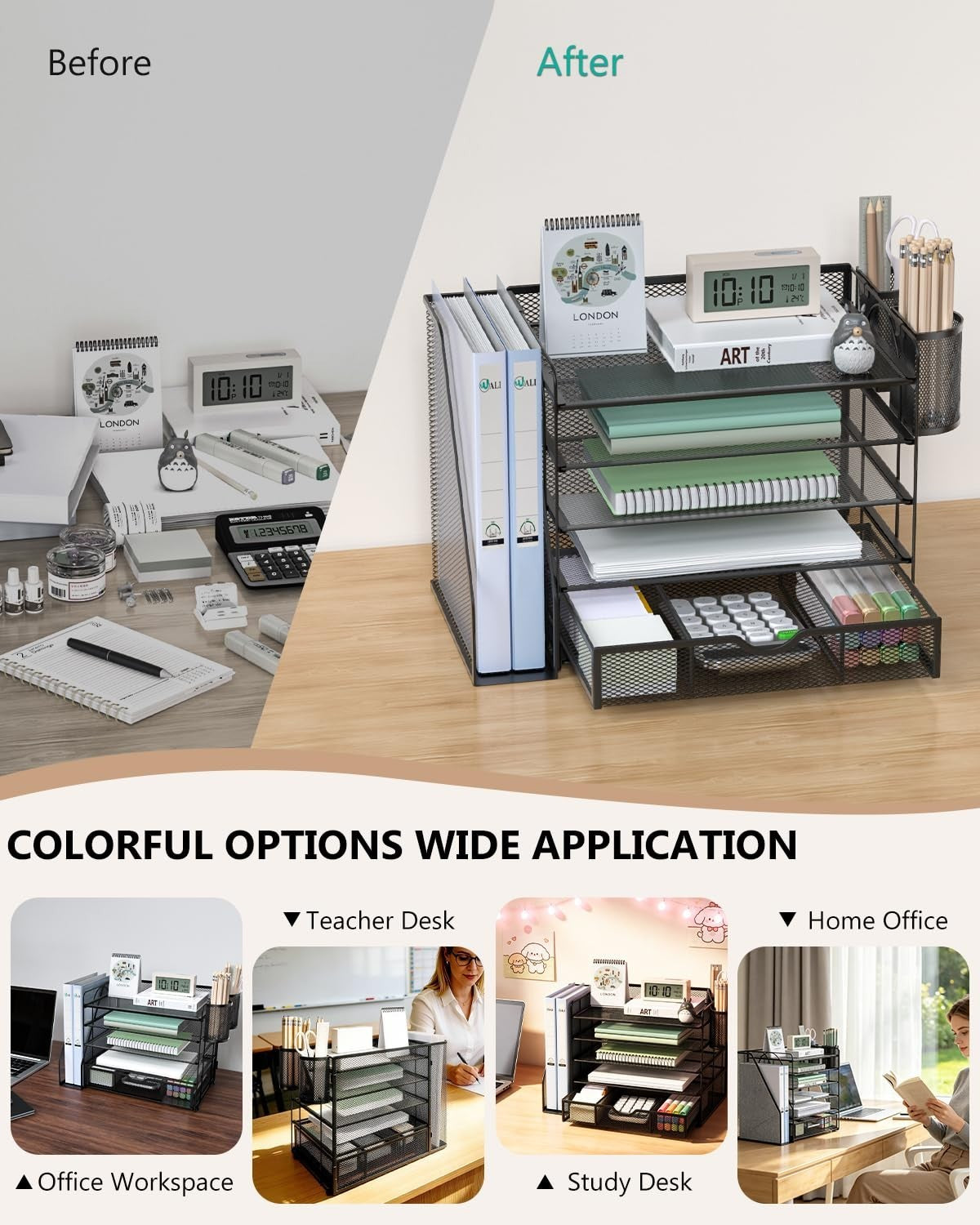 5 Tier Desktop File Organizer with Drawer & Pen Holders   Office Desk Accessorie6