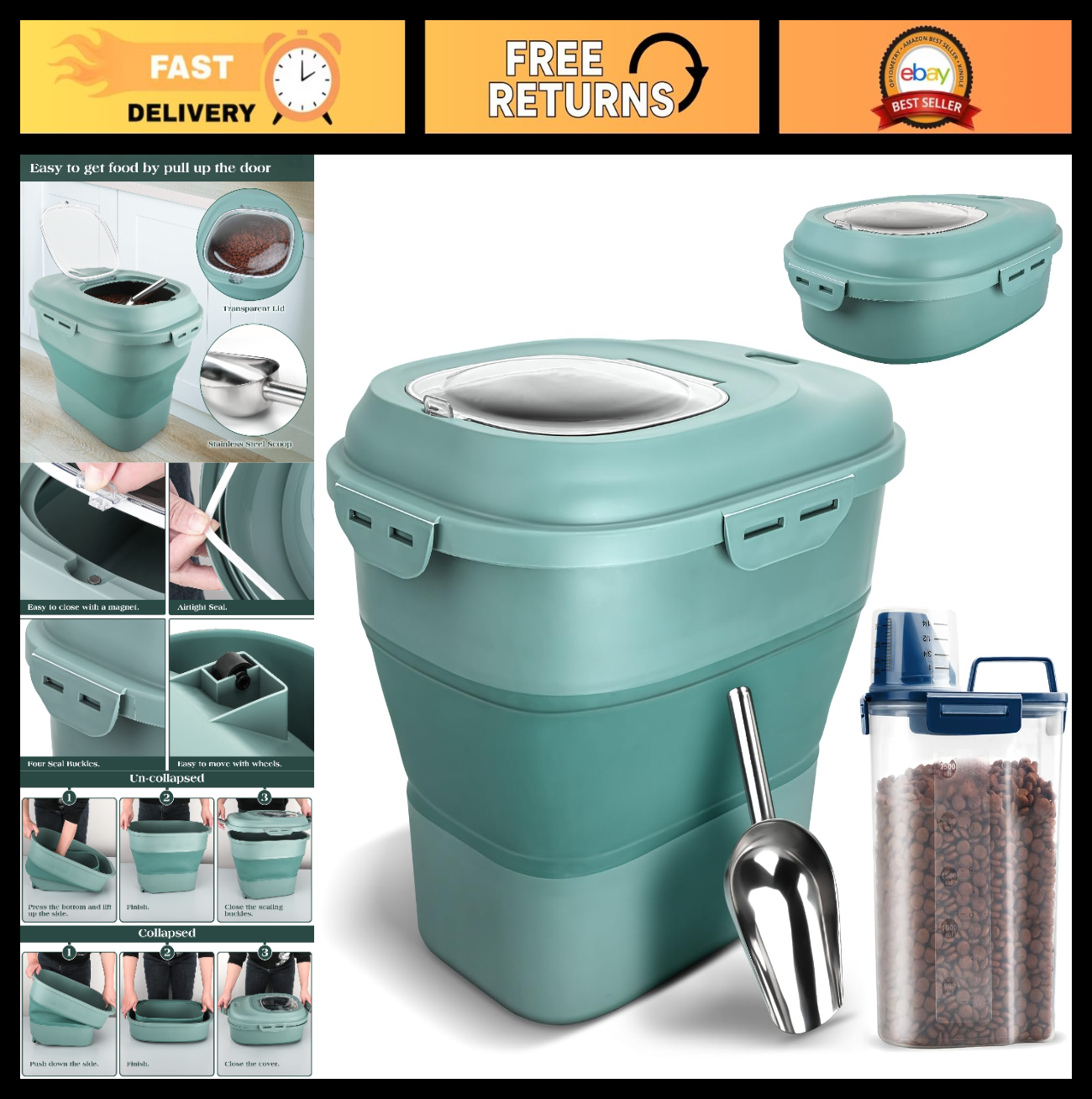 Airtight Dog Food Storage Container, Collapsible 13 30lb with Wheels & Scoop0