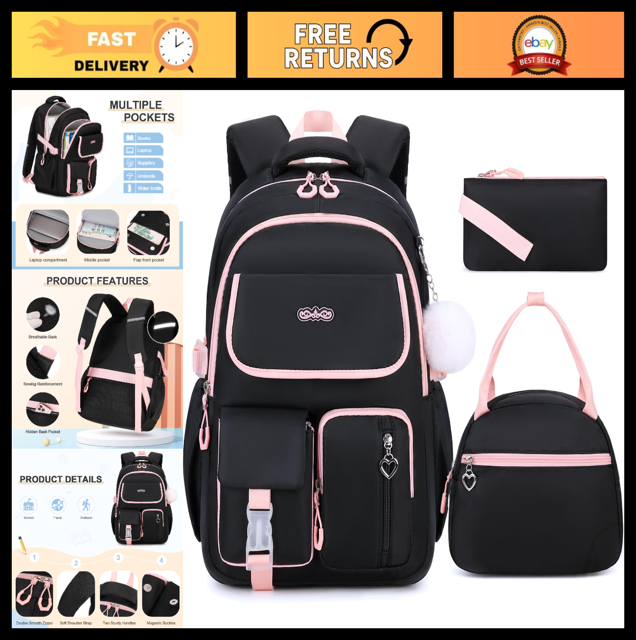 3PCS Girls School Backpack Set with Lunch Box & Pencil Pouch   Stylish & Durable0