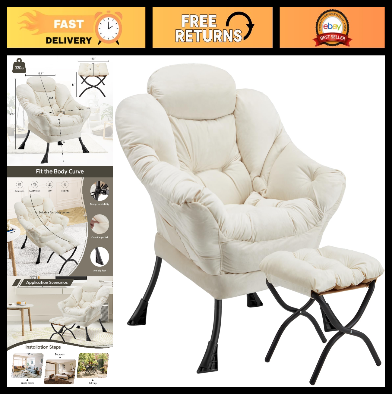 Modern Folding Ottoman Lazy Chair - Large Accent Armchair for Bedroom, Office &0