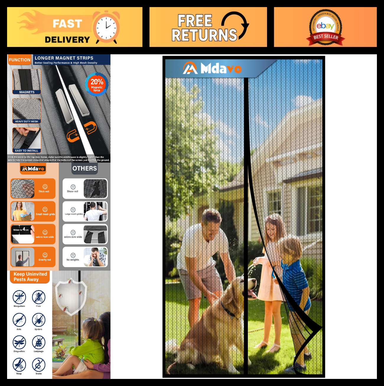 Magnetic Mesh Screen Door   Heavy Duty Bug Barrier, Pet & Kid Friendly, 38x820