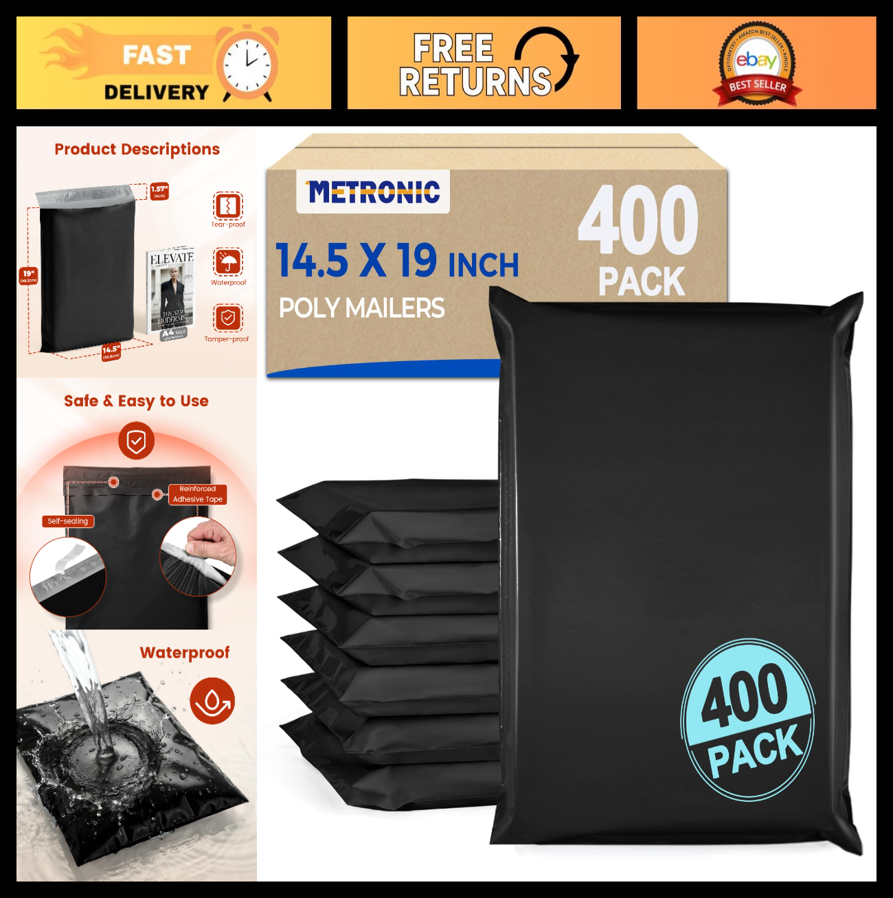 Large Poly Mailers 14.5x19" - 400PC Self-Seal Shipping Bags for Clothes, Waterpr0