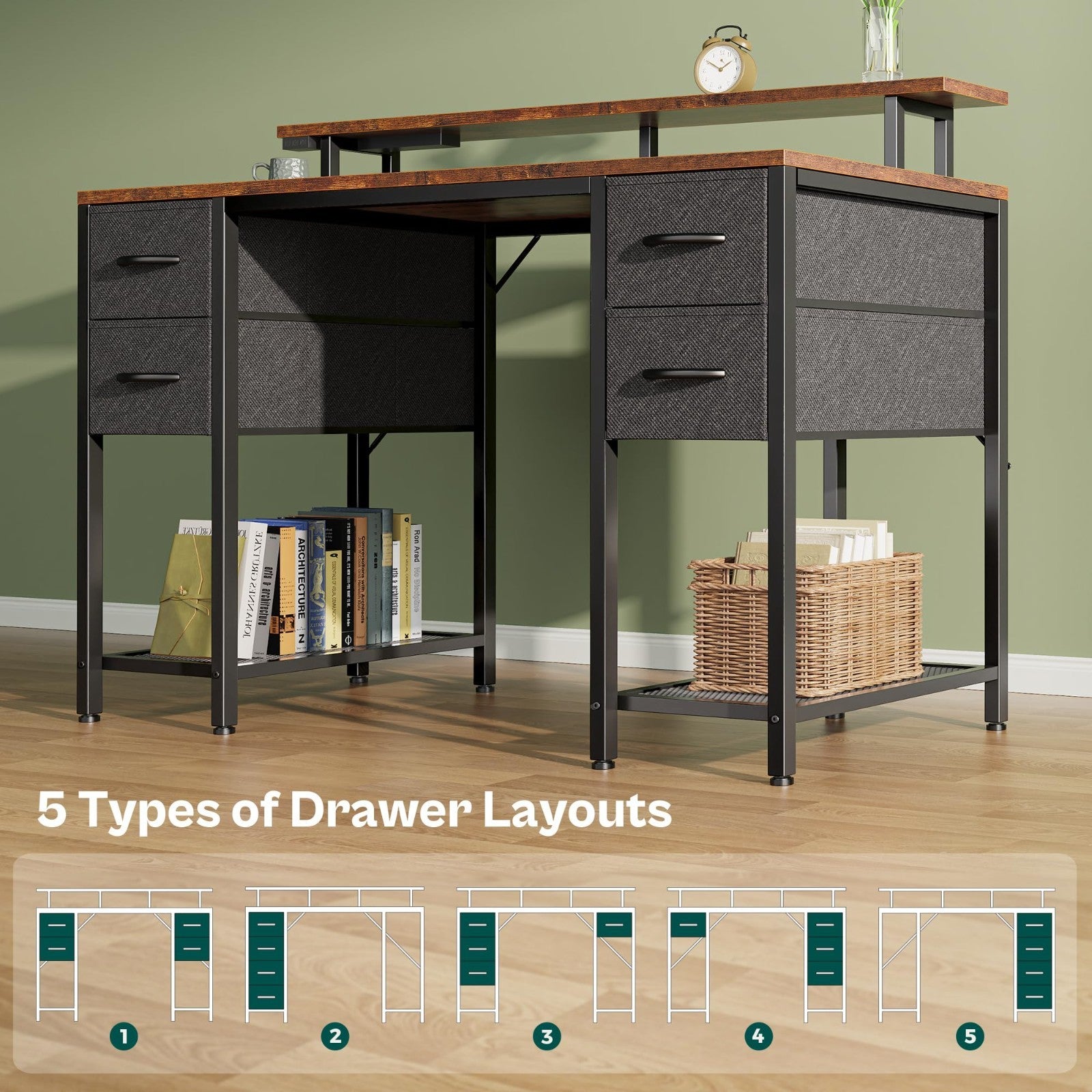 47-Inch Gaming Desk with LED Lights, Power Outlets & 4 Drawers - Rustic Home Off5