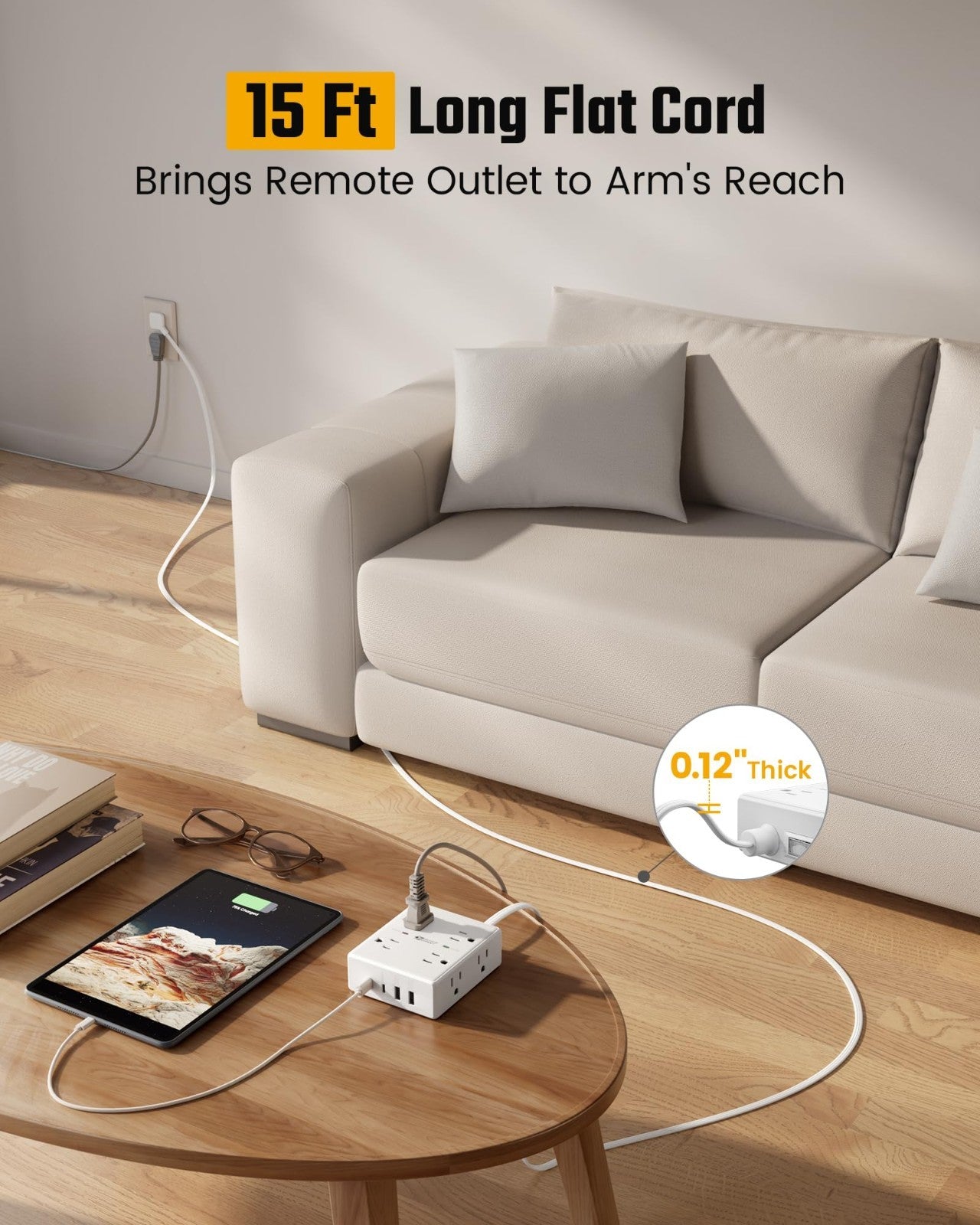 15Ft Extension Cord with Flat Plug, Surge Protector Power Strip   2 Pack1
