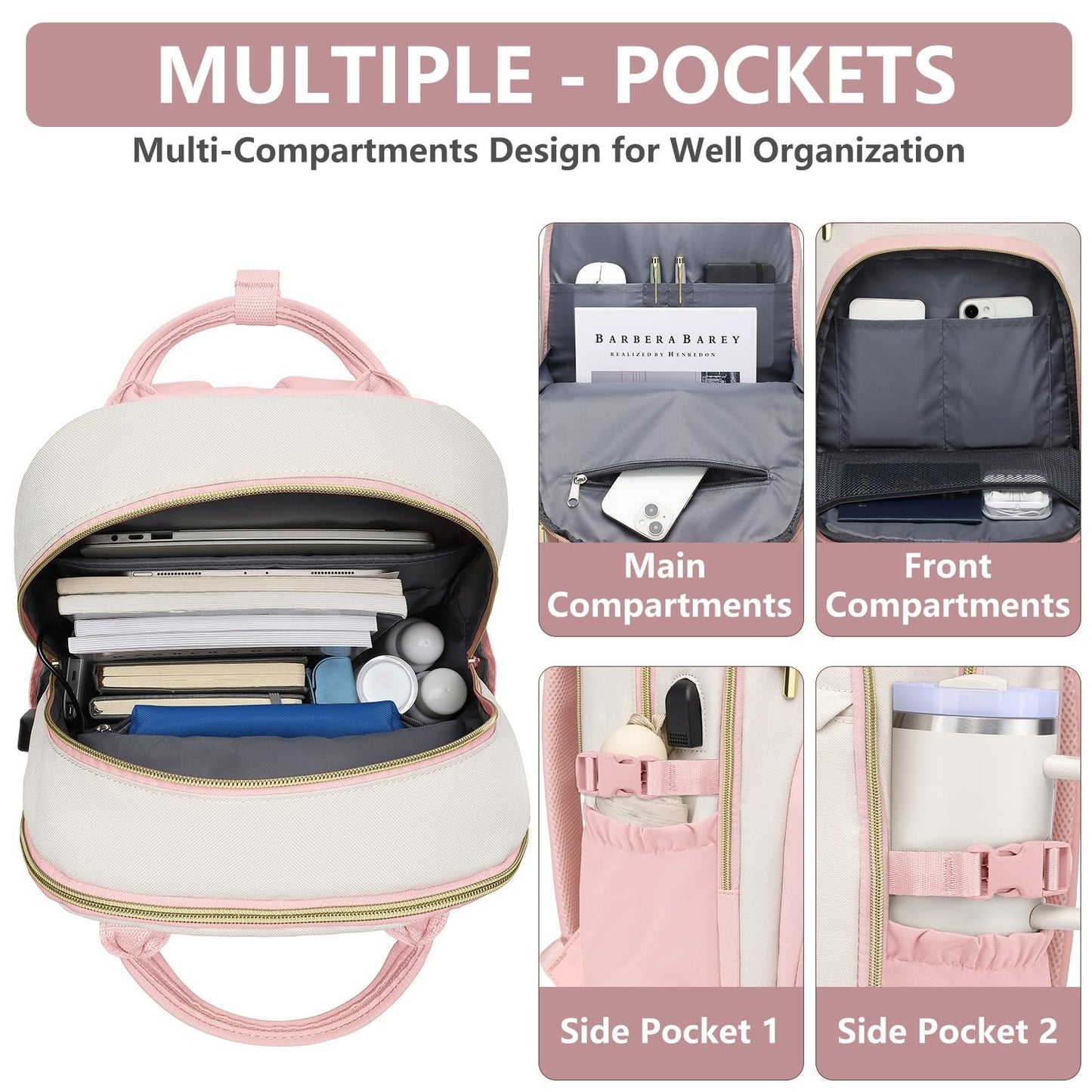 Stylish Laptop Backpack for Women   15.6" College Bookbag with Large Tumbler Poc2