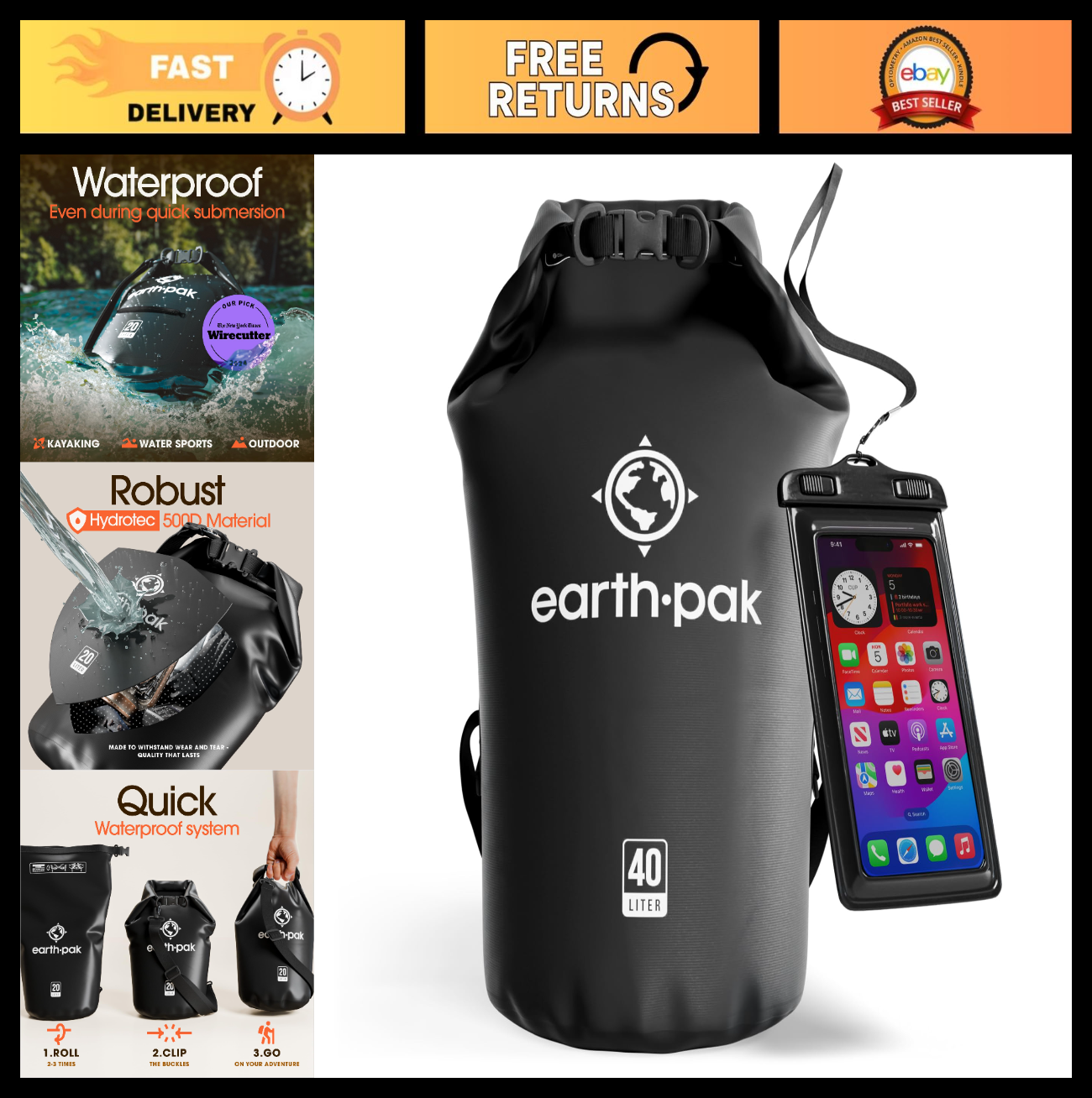 Waterproof Dry Bag Backpack   Roll Top Sack for Kayaking & Outdoor Gear, Phone C0