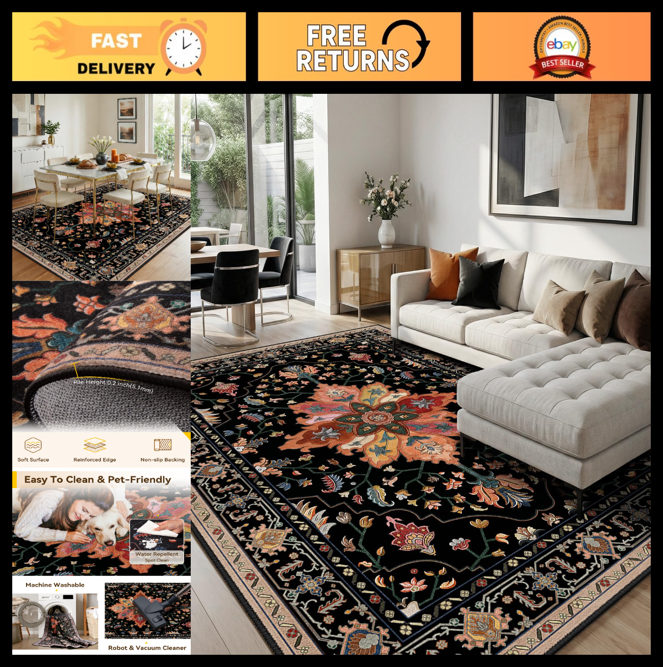 Washable 8'x10' Area Rug   Non Slip, Water Repellent, Pet Friendly, Vintage Flor0