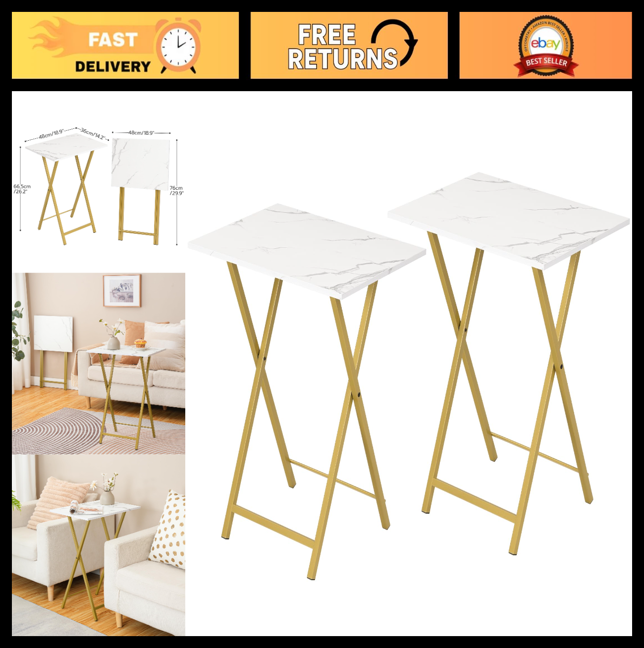Folding TV Tray Tables Set of 2 - Space-Saving Snack Tables for Couch, Easy Asse0