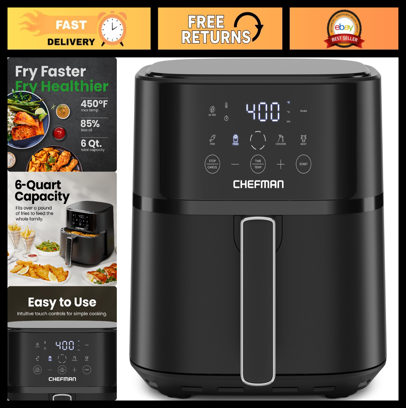 6 QT Air Fryer Compact, Hi Fry Technology, Touchscreen Controls, 4 Presets, Nons0
