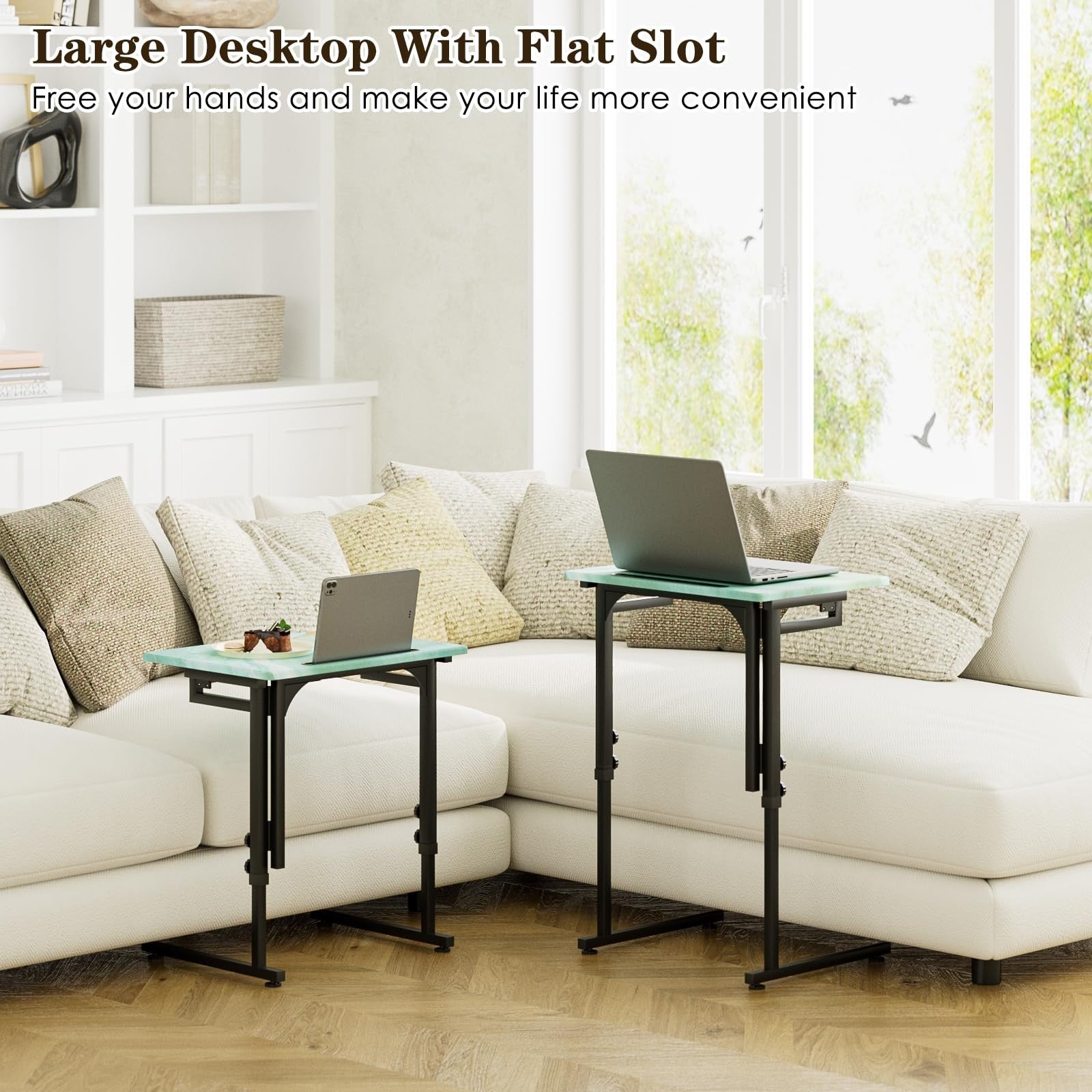 Adjustable Folding TV Tray Table - Sturdy MDF Top, No Assembly, Sea Blue - Livin7