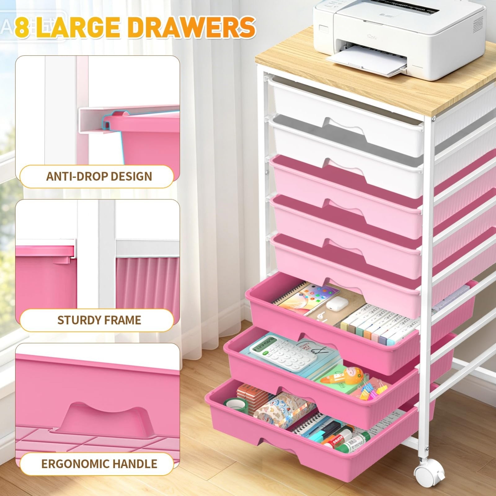 8 Drawer Rolling Storage Cart with Wooden Top & Lockable Wheels   Craft & Office4