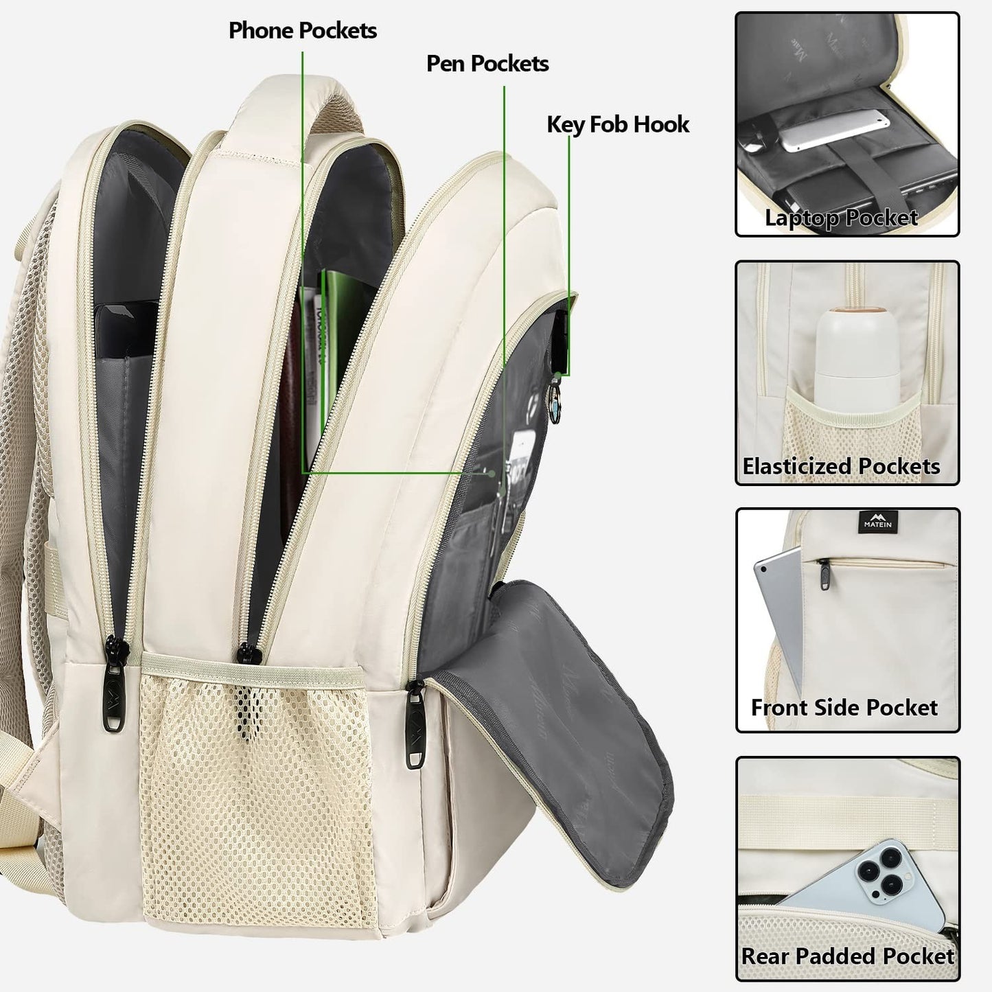 Beige Women's Slim Backpack for Work & Travel, 15.6" Laptop Bag, Stylish & Funct2