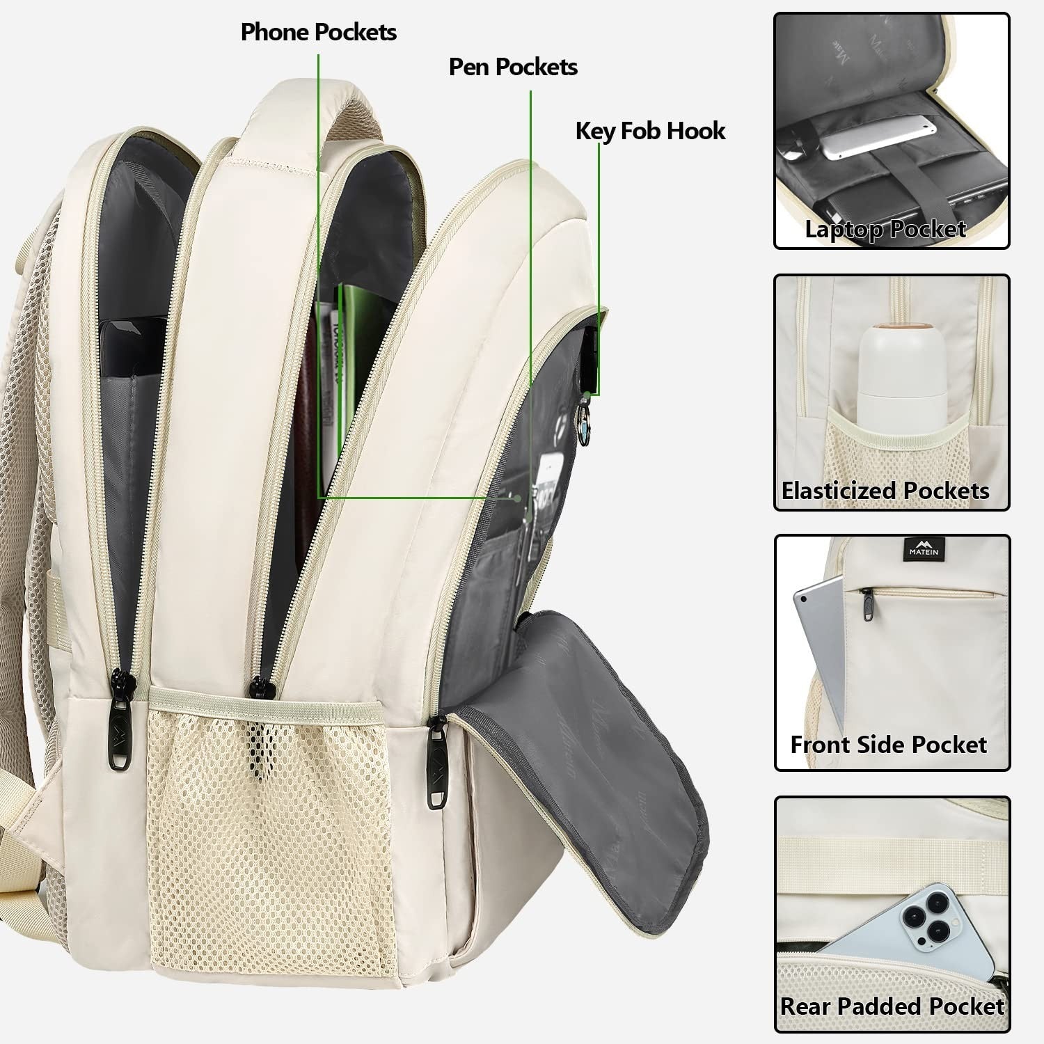 Beige Women's Slim Backpack for Work & Travel, 15.6" Laptop Bag, Stylish & Funct2