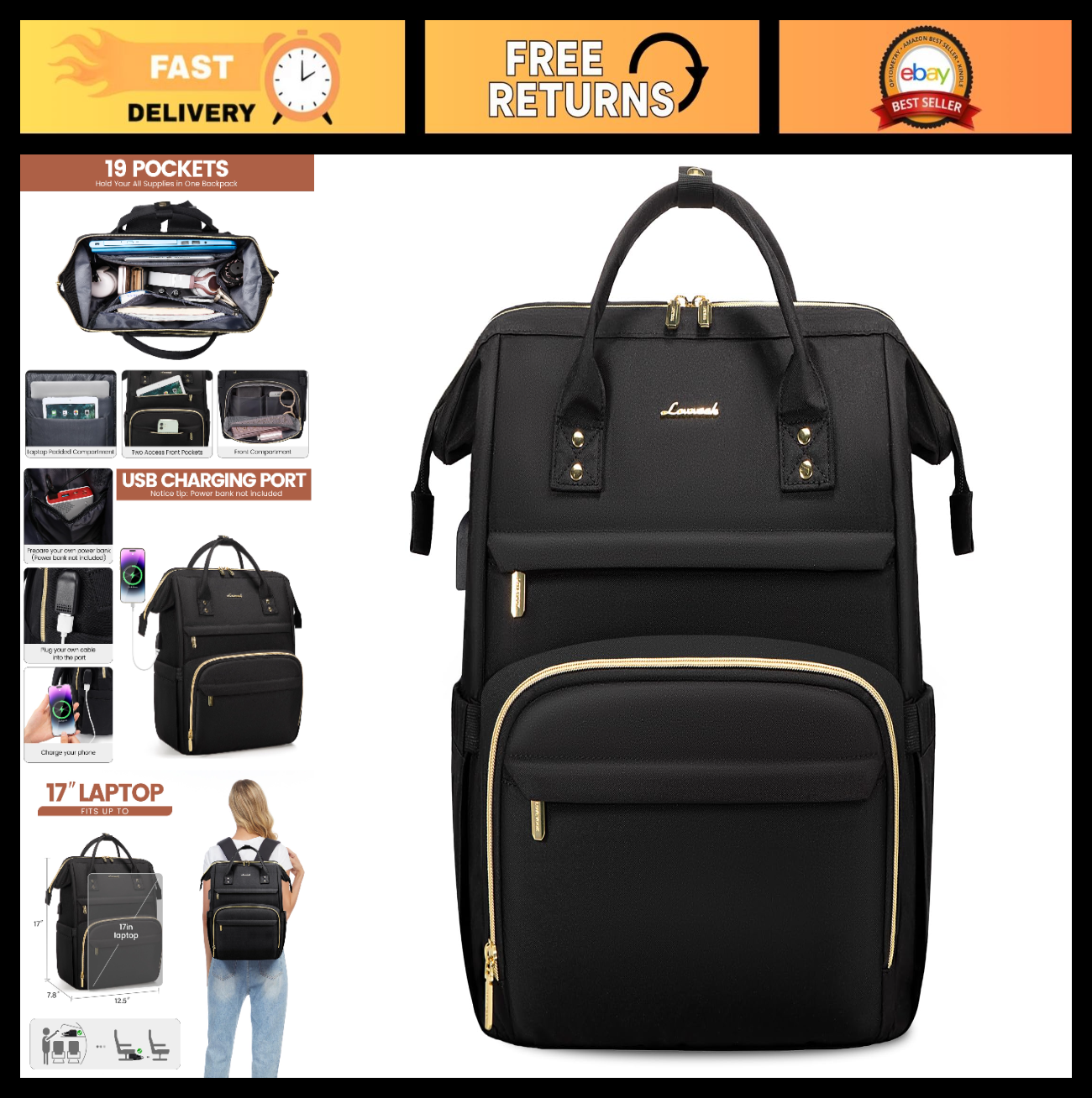 Stylish 17" Laptop Backpack for Women   Waterproof Travel Bag with USB Port, Ide0